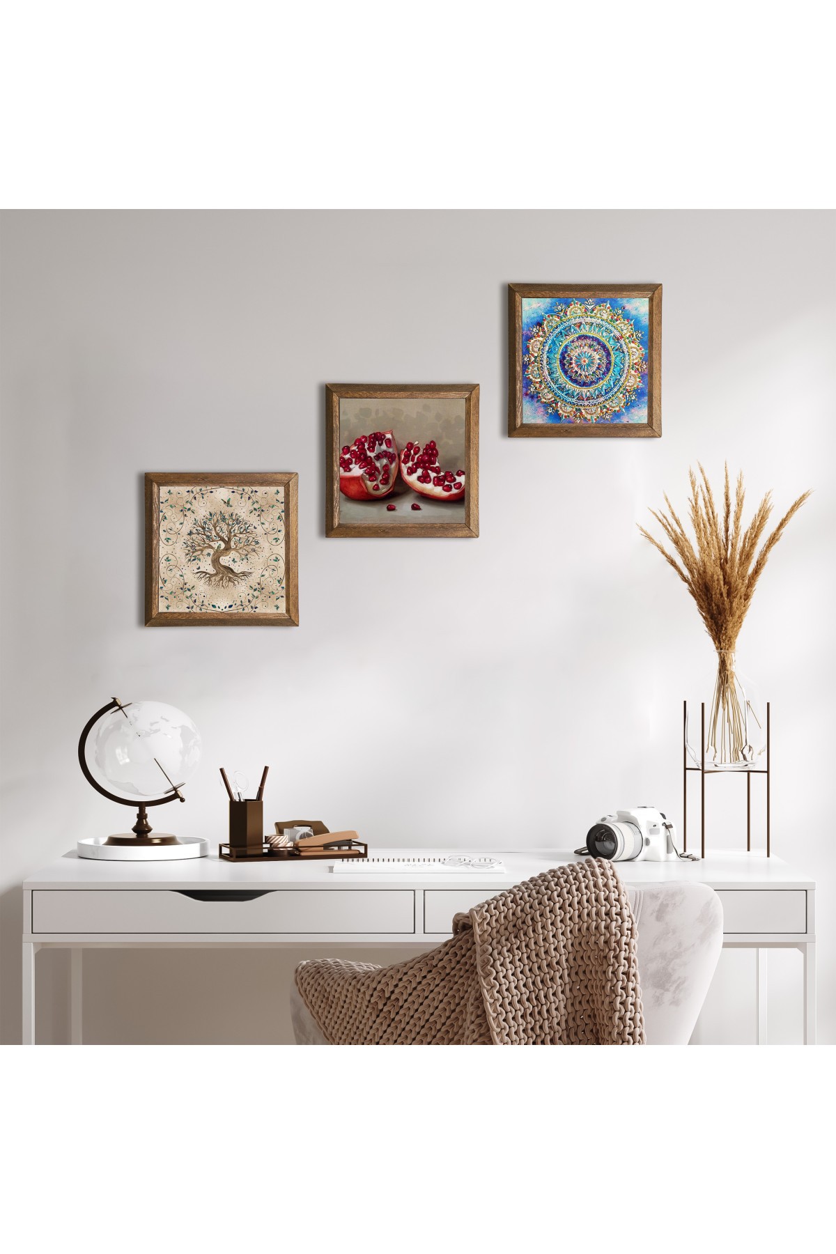 Mandala, Hayat Ağacı, Nar Taş Duvar Tablosu Ahşap Çerçeveli Duvar Dekoru 3 Parça Tablo Seti Wall Art