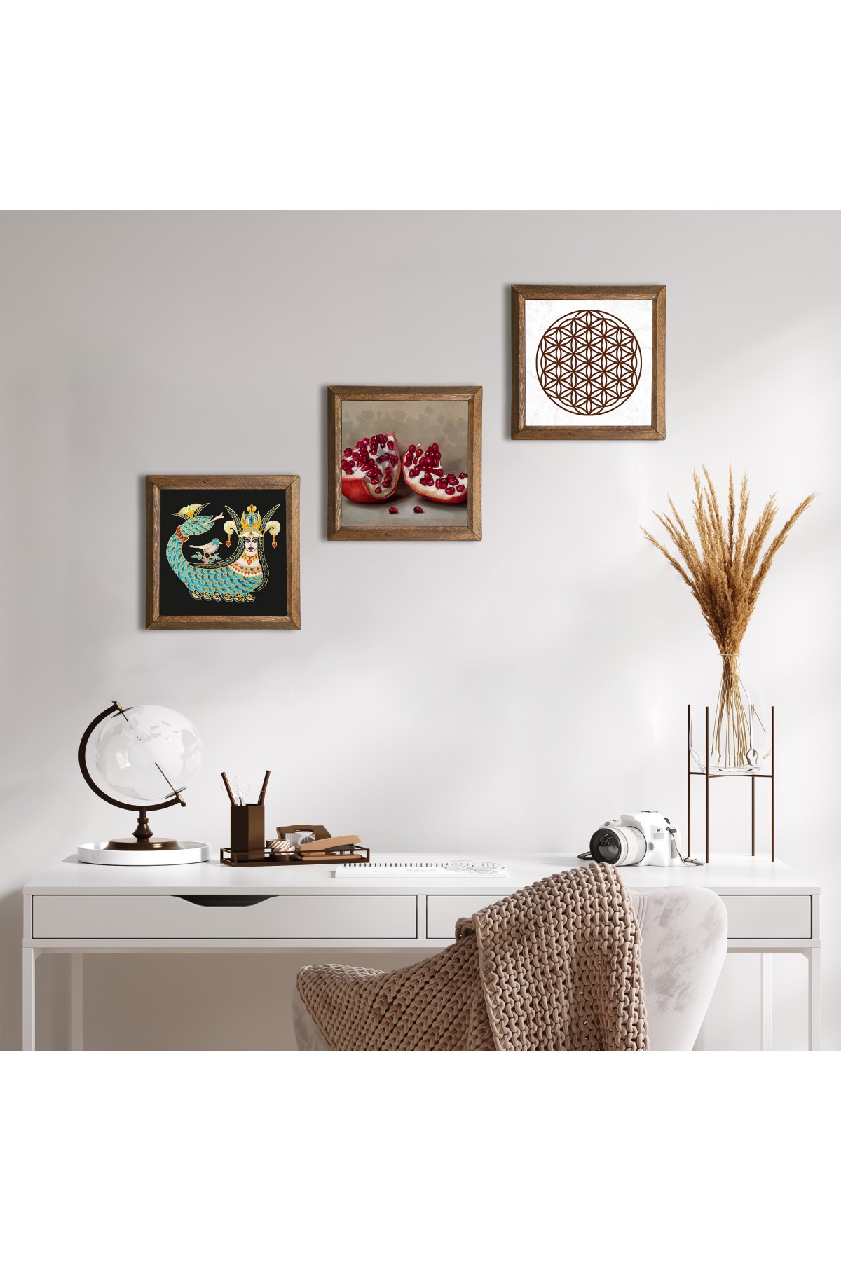 Flower of Life, Shahmaran, Pomegranate Stone Wall Painting Wooden Framed Wall Decor 3 Piece Painting Set Wall Art