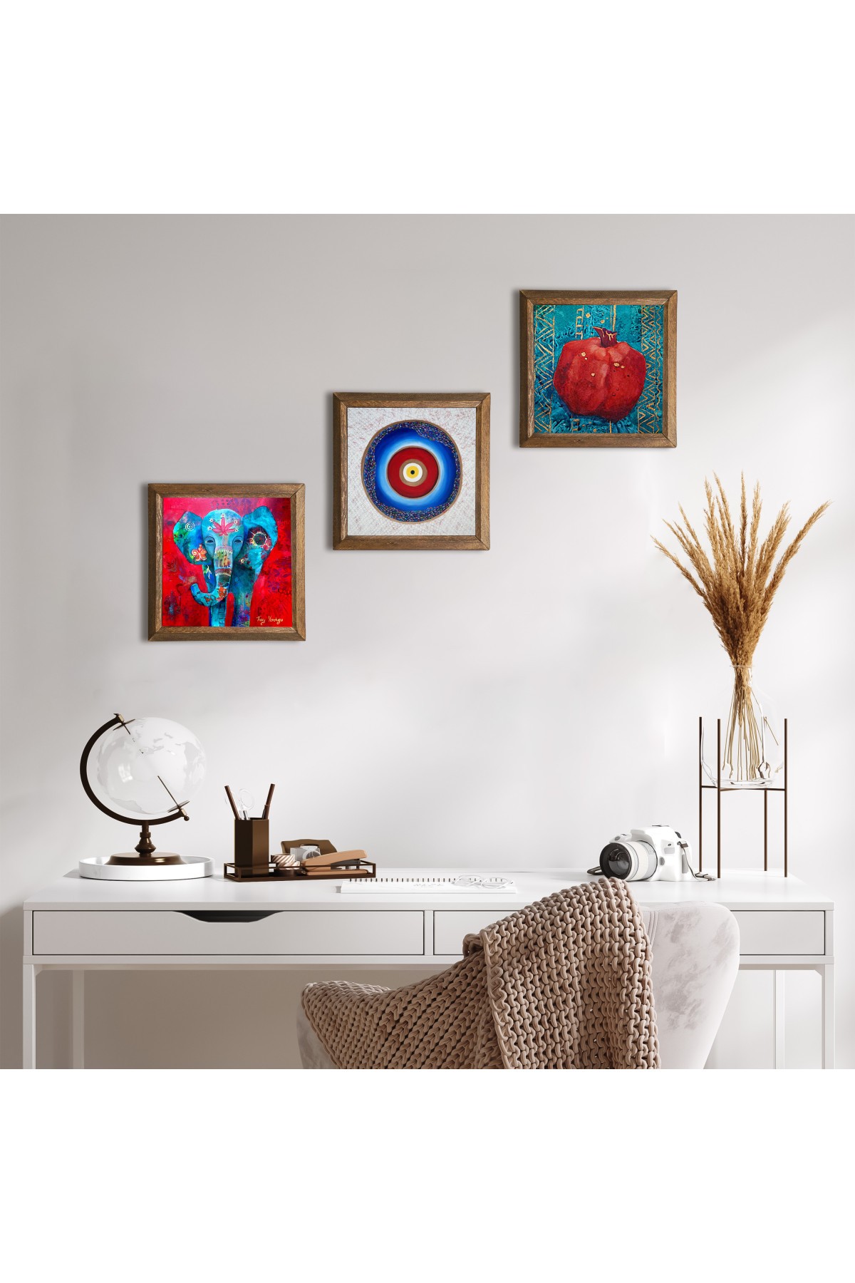 Evil Eye, Elephant, Pomegranate Stone Wall Painting Wooden Framed Wall Decor 3 Piece Painting Set Wall Art