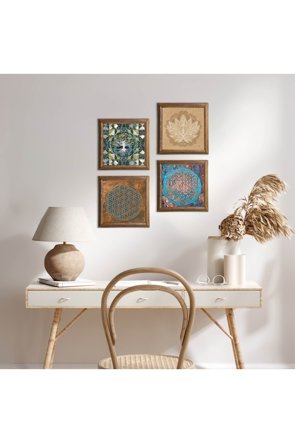 Hayat Ağacı, Yaşam Çiçeği, Lotus Çiçeği Taş Duvar Tablosu Ahşap Çerçeveli Duvar Dekoru 4 Parça Tablo Seti Wall Art