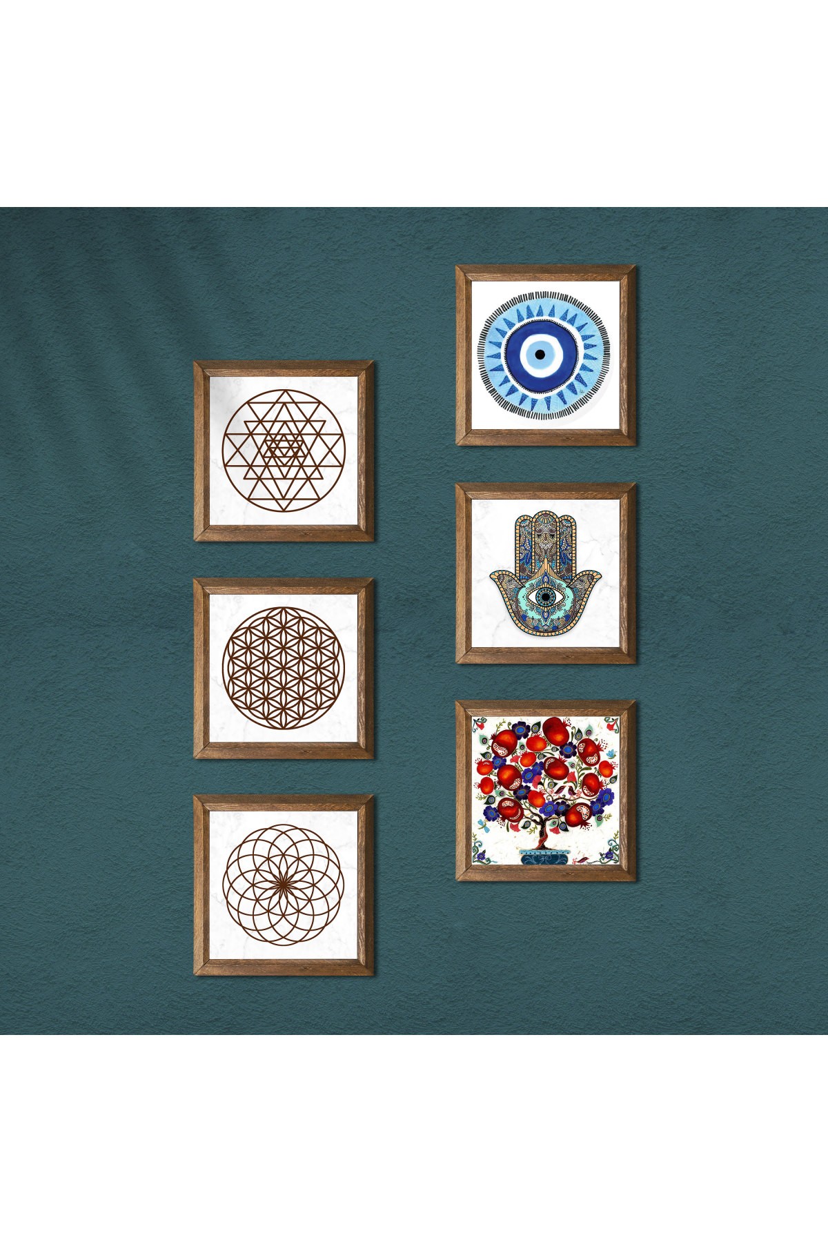 Nazar, Yaşam Çiçeği, Sri Yantra, Nar Ağacı, Fatma Ana Eli (Hamsa) Taş Duvar Tablosu Ahşap Çerçeveli Duvar Dekoru 6 Parça Tablo Seti Wall Art