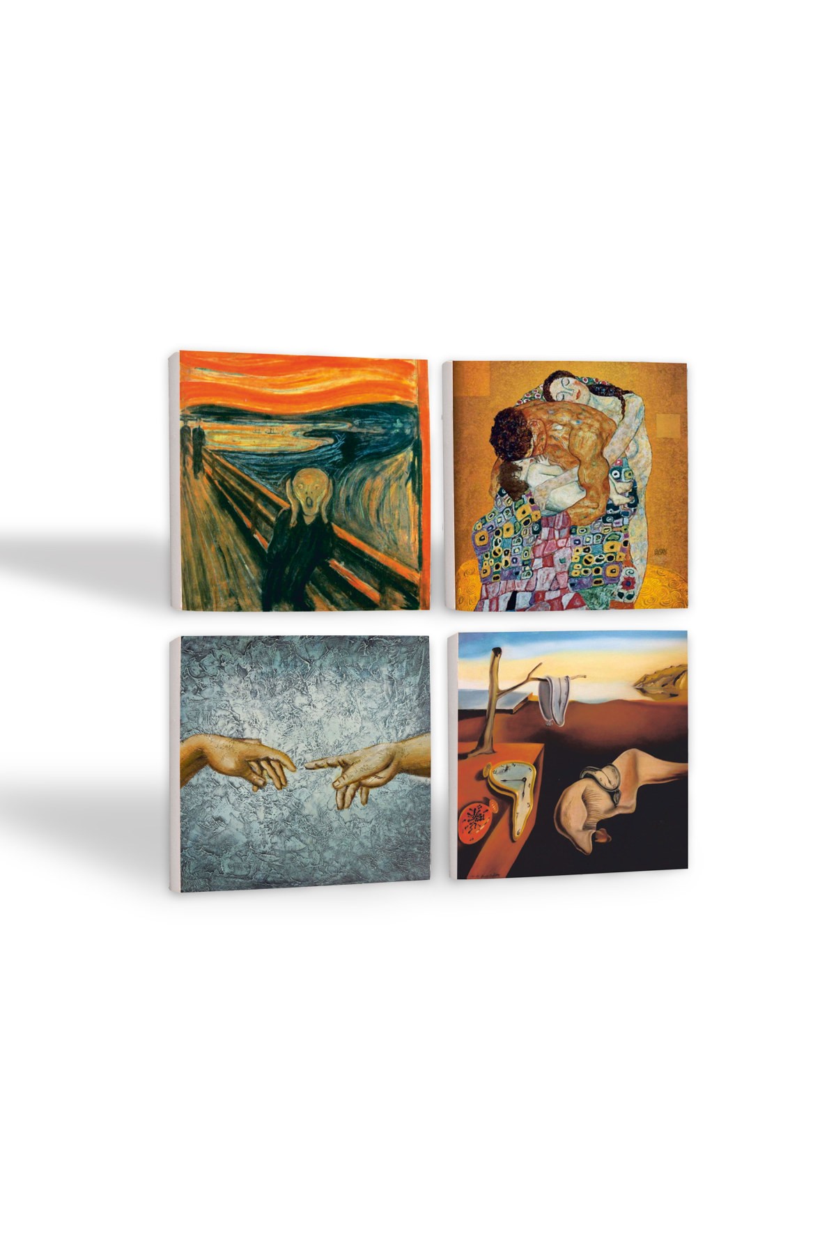 Dalí Belleğin Azmi, Michelangelo, Çığlık, Klimt Aile Kucaklama Taş Bardak Altlığı Masaüstü Koruyucu Altlık 4 Parça Set 10x10cm Stone Coasters