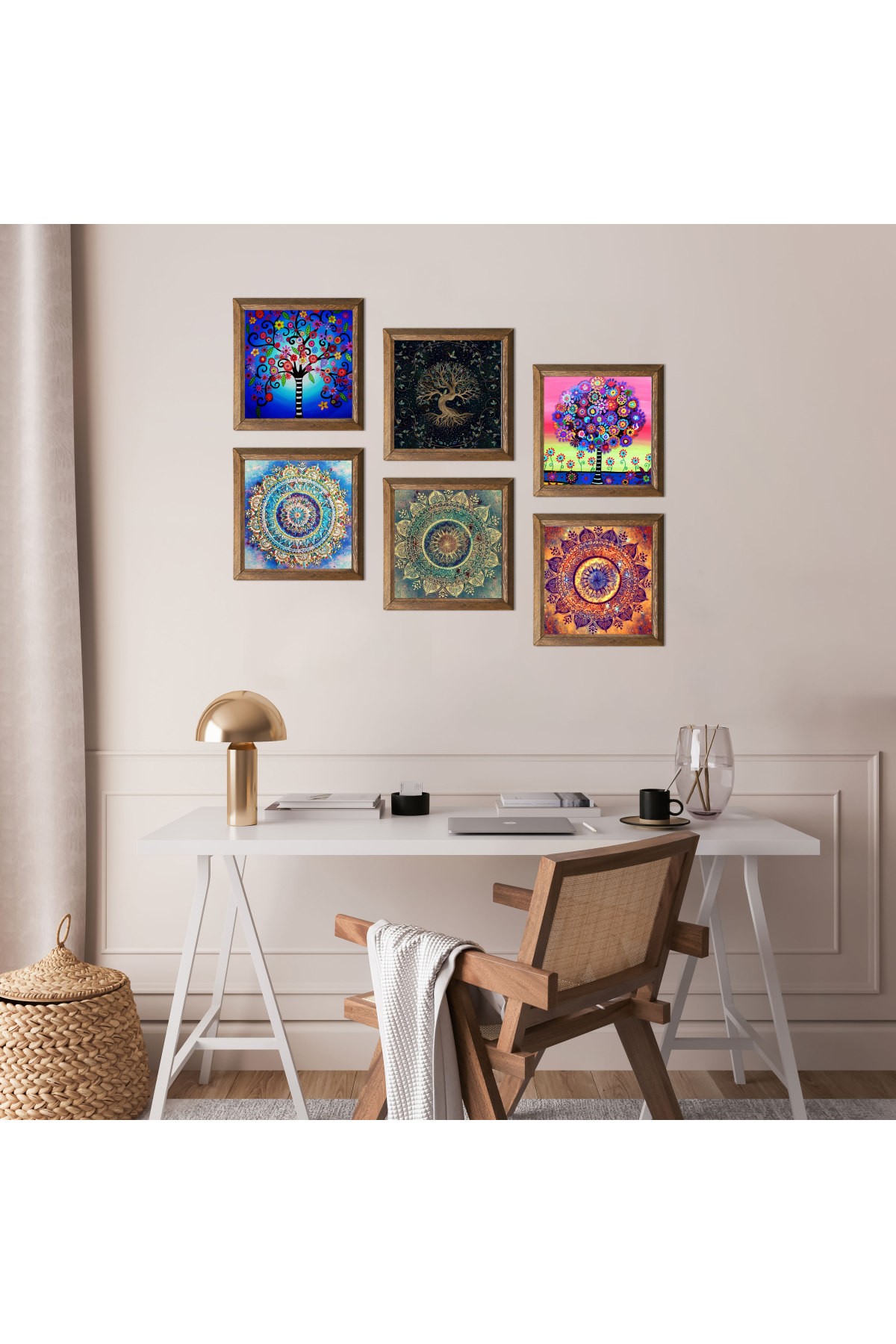 Mandala, Hayat Ağacı Taş Duvar Tablosu Ahşap Çerçeveli Duvar Dekoru 6 Parça Tablo Seti Wall Art