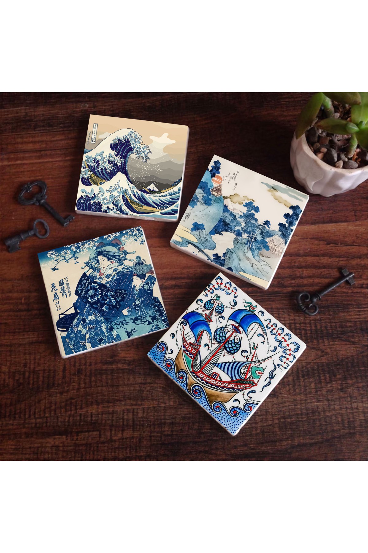 Japon Sanatı, Fuji Dağı, Büyük Dalga, Çini Sanatı Yelkenli Gemi Taş Bardak Altlığı Masaüstü Koruyucu Altlık 4 Parça Set 10x10cm Stone Coasters