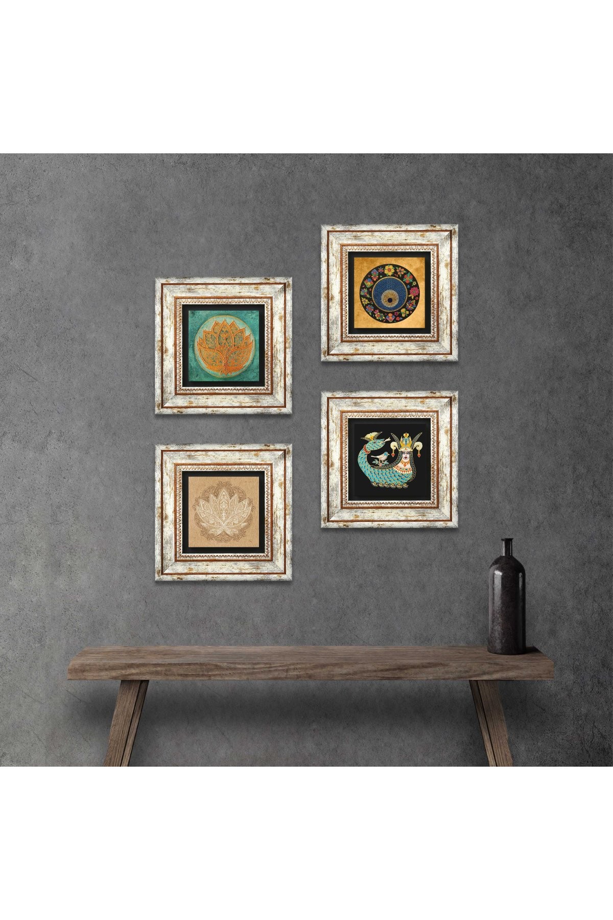 Lotus Çiçeği, Nazar, Şahmeran Taş Duvar Tablosu Çerçeveli Duvar Dekoru 4 Parça Tablo Seti Wall Art