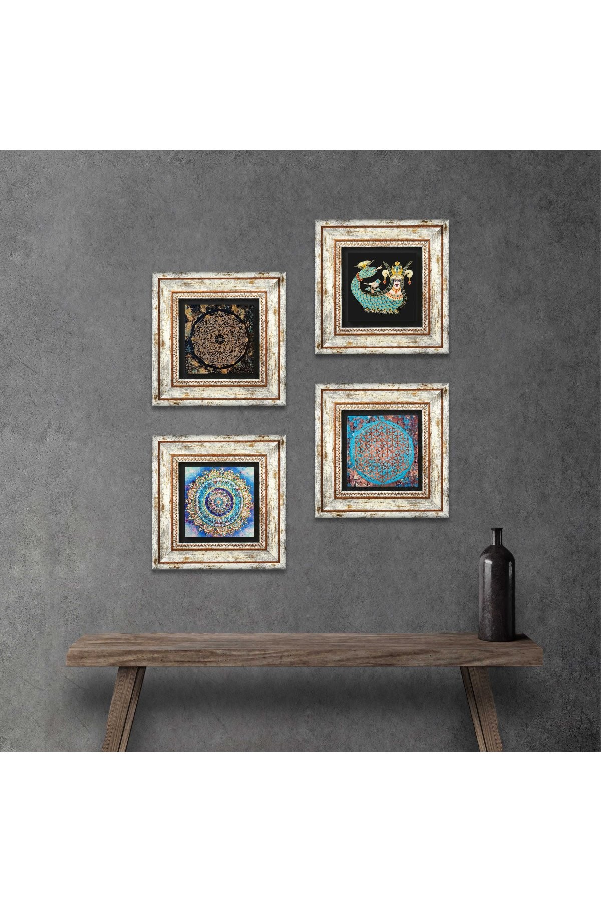 Mandala, Sri Yantra, Flower of Life, Shahmaran Stone Wall Painting Framed Wall Decor 4 Piece Painting Set Wall Art