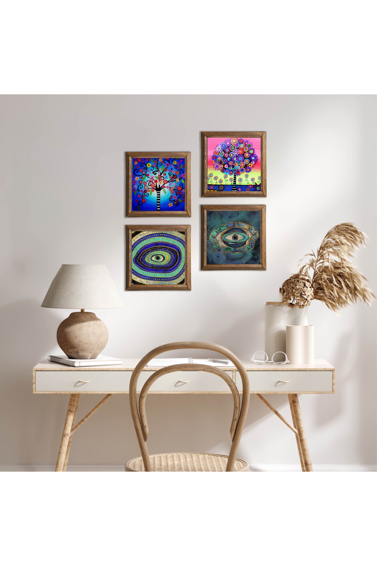 Evil Eye, Tree of Life Stone Wall Painting Wooden Framed Wall Decor 4 Piece Painting Set Wall Art