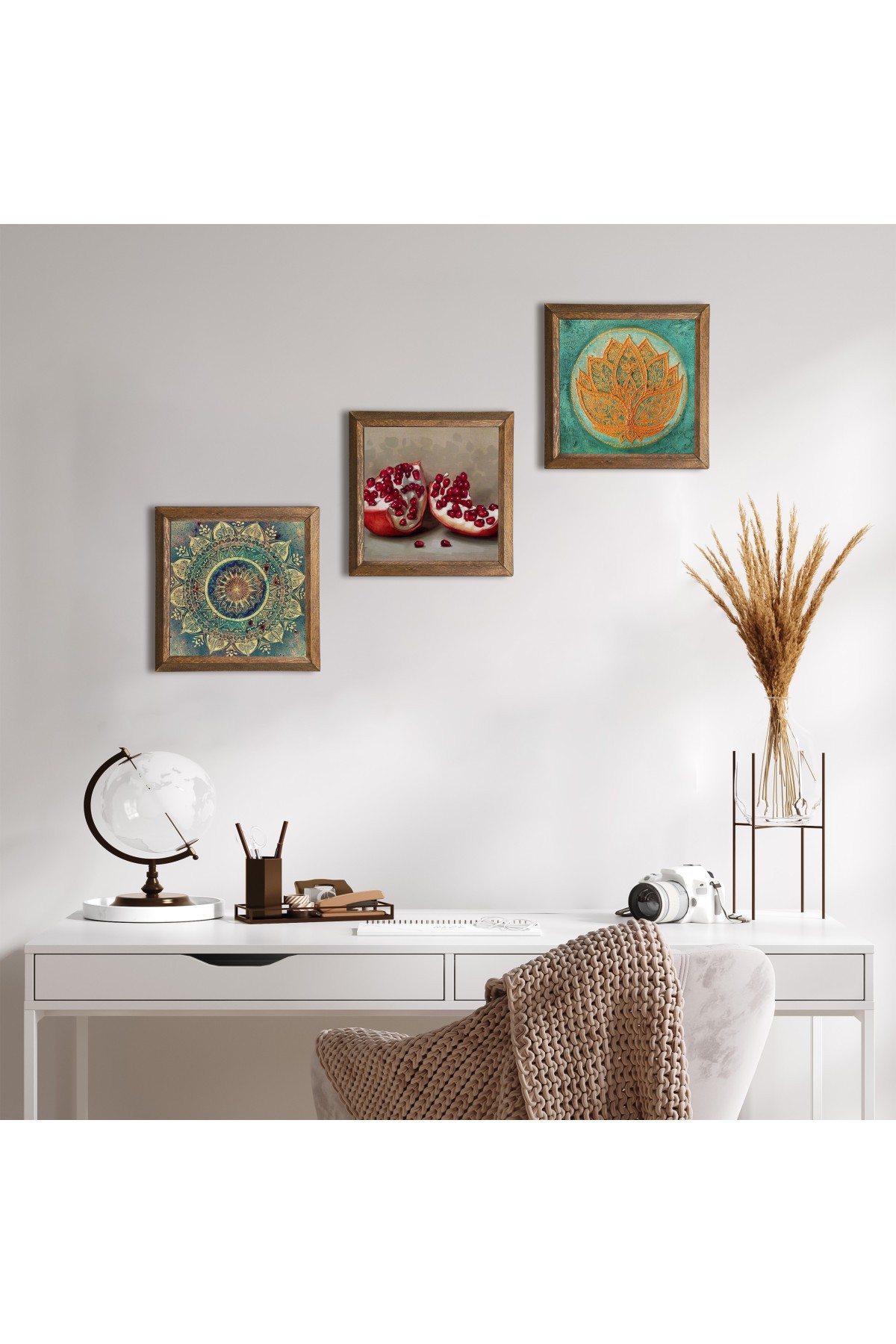 Mandala, Lotus Çiçeği, Nar Taş Duvar Tablosu Ahşap Çerçeveli Duvar Dekoru 3 Parça Tablo Seti Wall Art