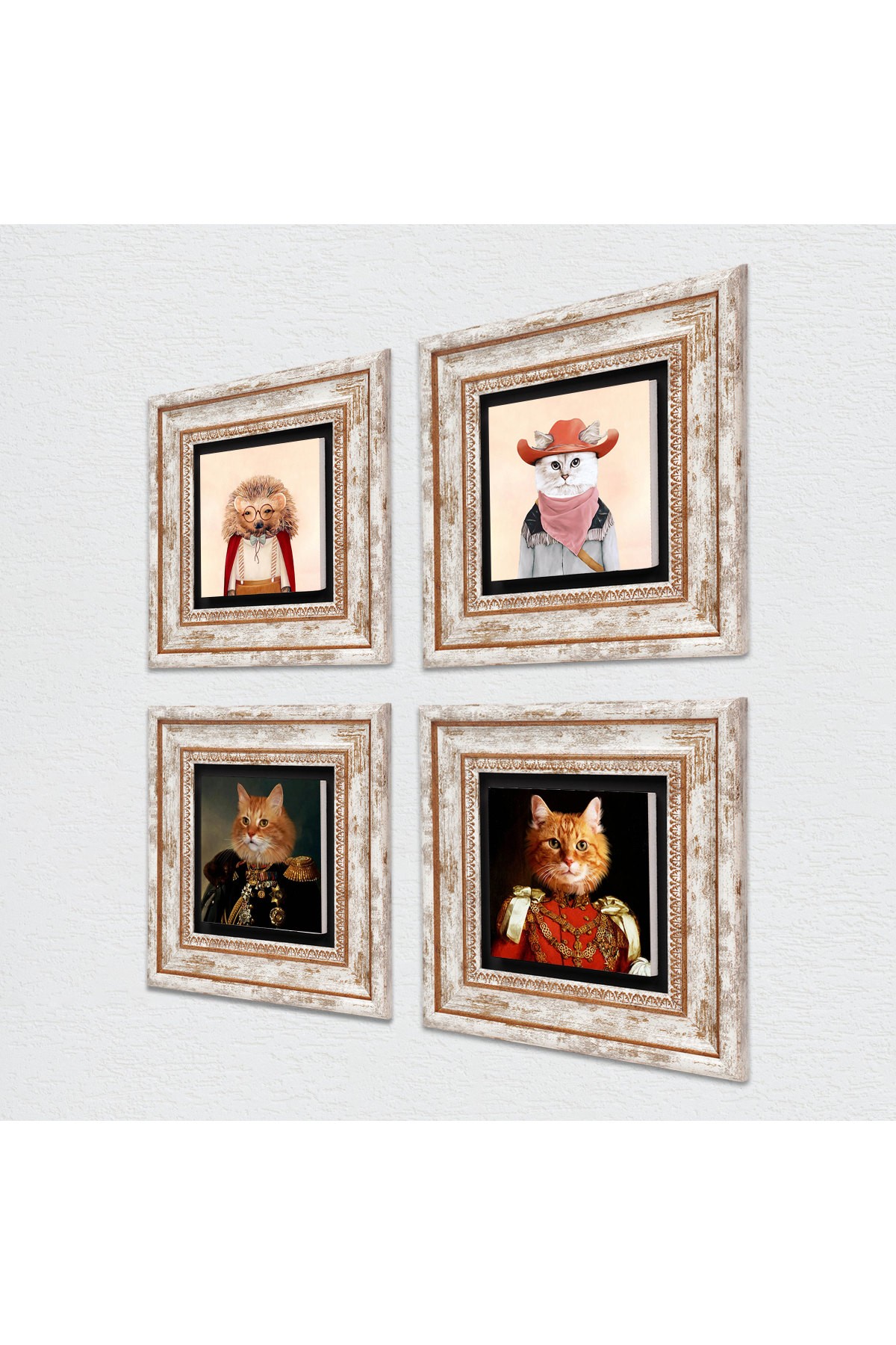 His Highness with His Paw, Hedgehog, Cat Stone Wall Painting Framed Wall Decor 4 Piece Painting Set Wall Art