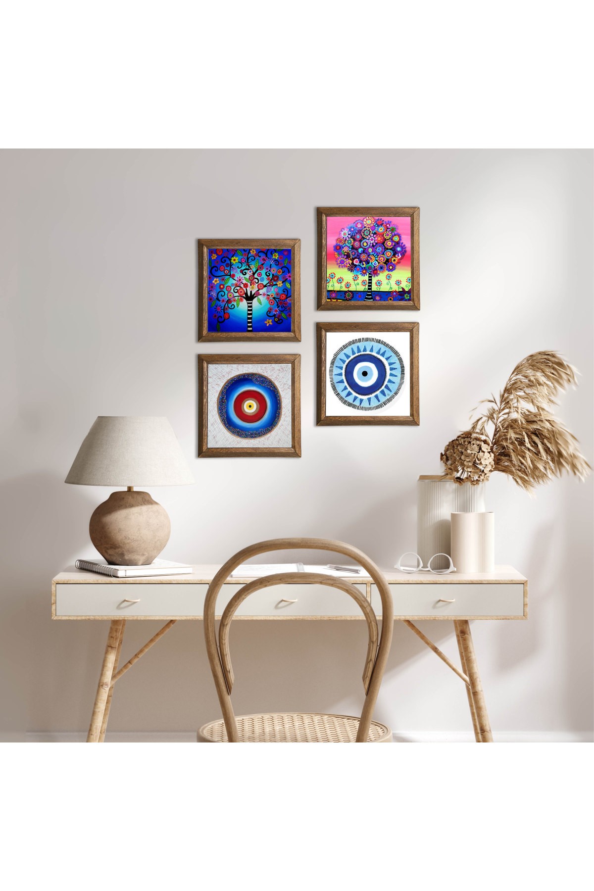 Evil Eye, Tree of Life Stone Wall Painting Wooden Framed Wall Decor 4 Piece Painting Set Wall Art