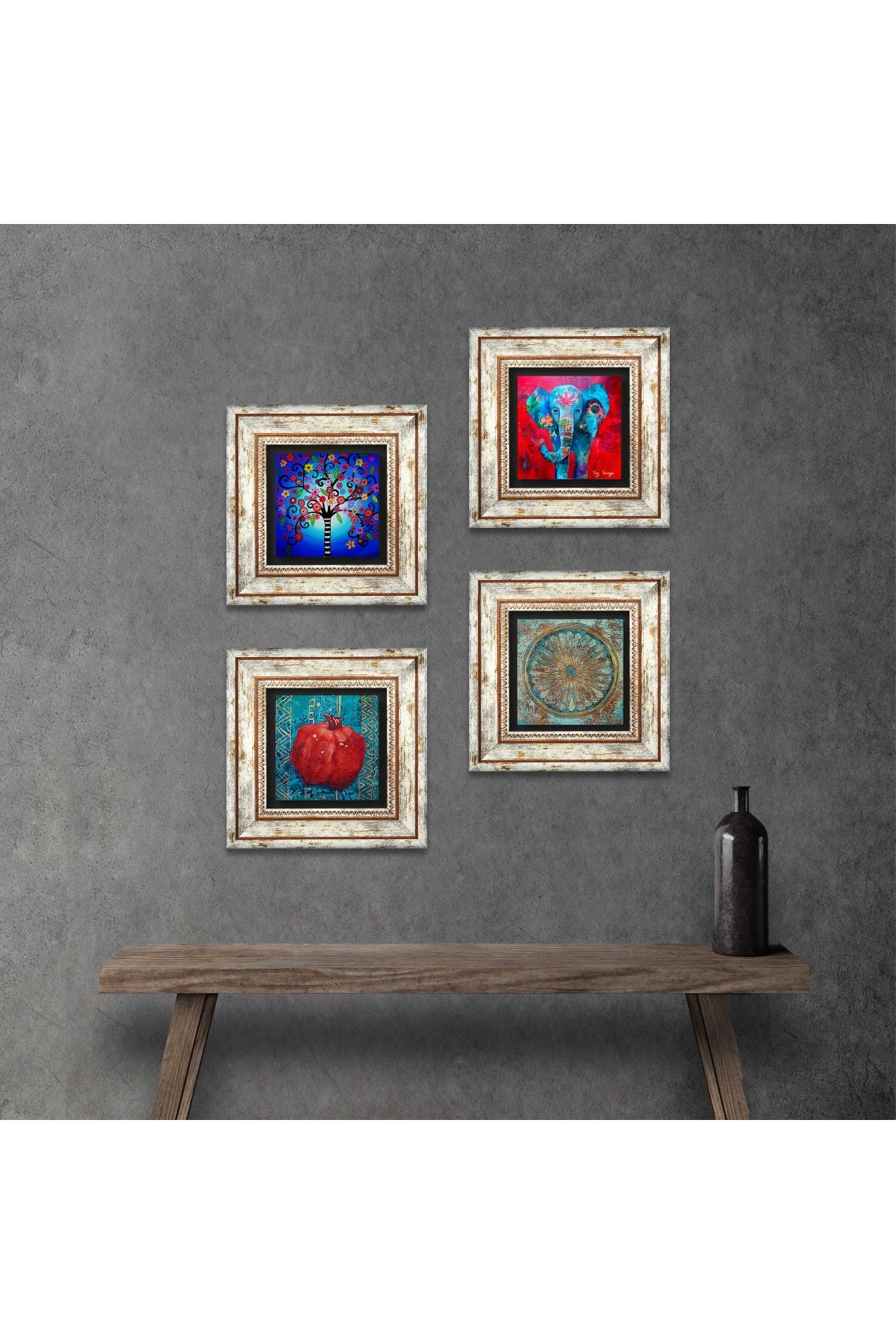 Elephant, Flower of Life, Tree of Life, Pomegranate Stone Wall Painting Framed Wall Decor 4 Piece Painting Set Wall Art