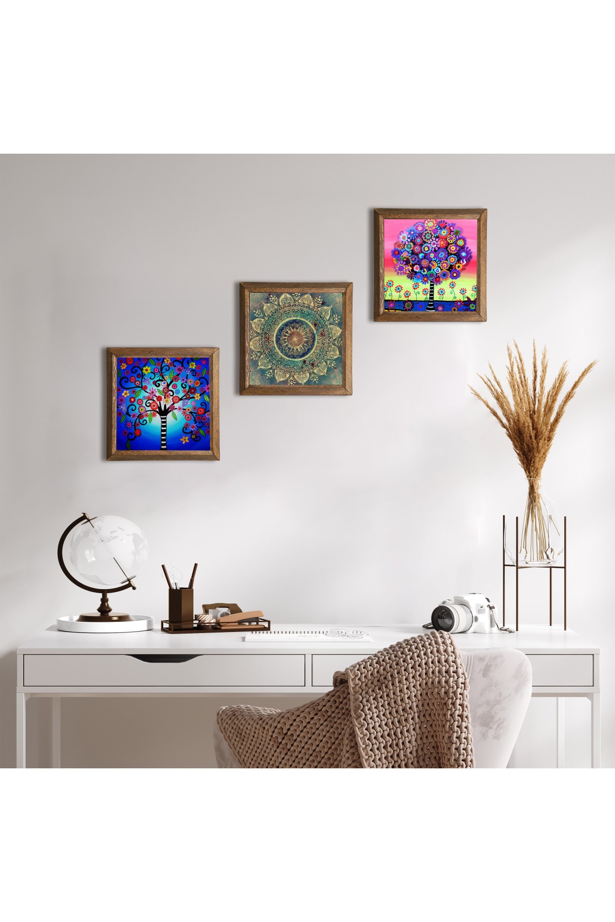 Mandala, Hayat Ağacı Taş Duvar Tablosu Ahşap Çerçeveli Duvar Dekoru 3 Parça Tablo Seti Wall Art