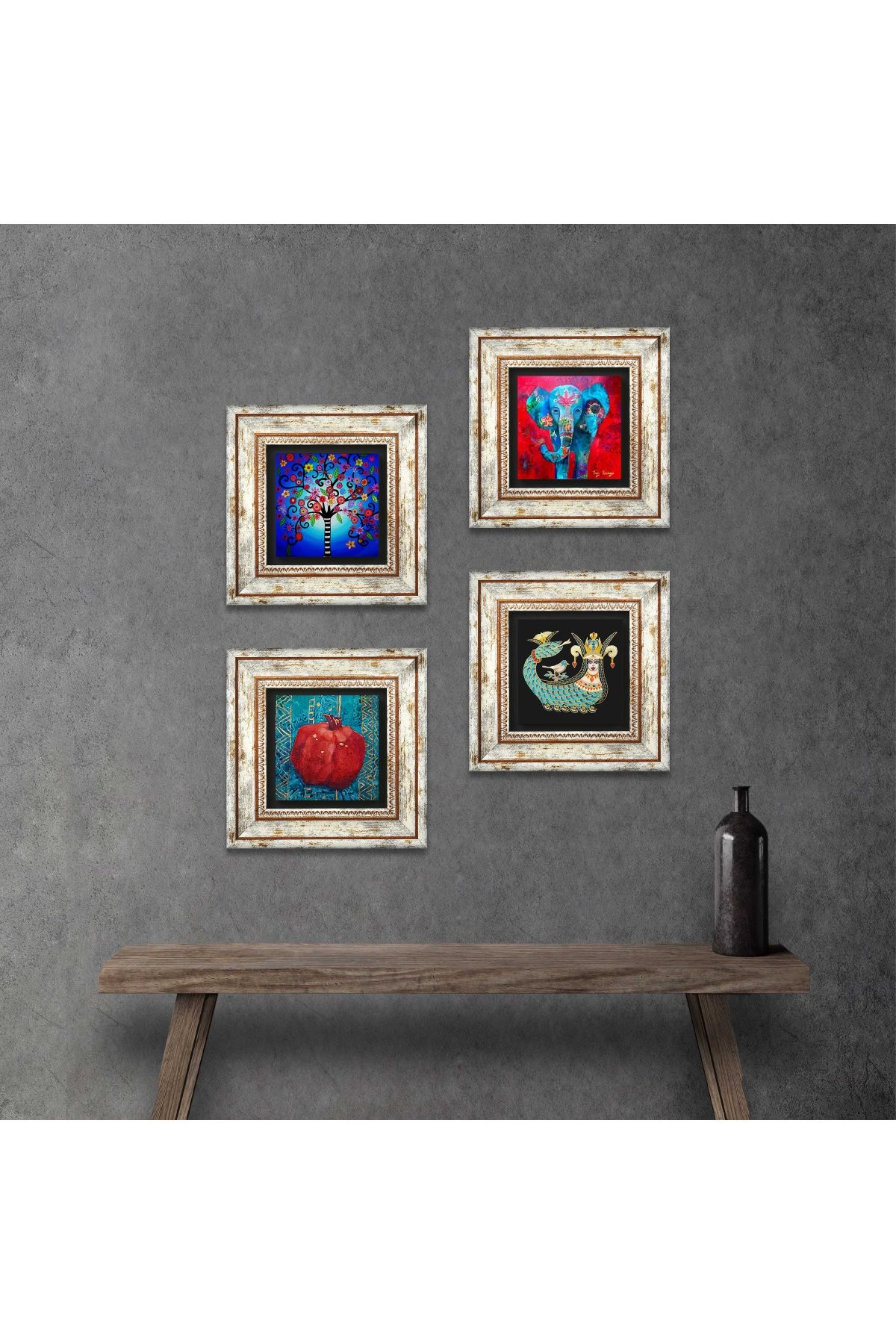 Elephant, Tree of Life, Shahmaran, Pomegranate Stone Wall Painting Framed Wall Decor 4 Piece Painting Set Wall Art