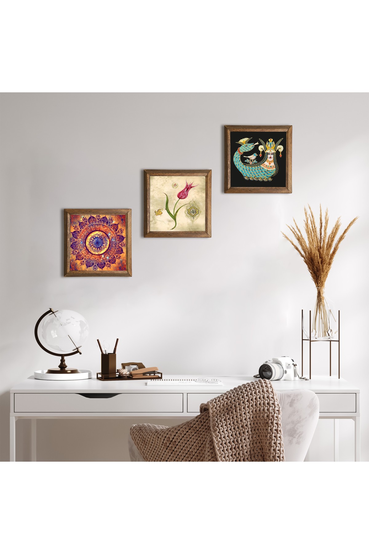 Mandala, Lale Ebru Sanatı, Şahmeran Taş Duvar Tablosu Ahşap Çerçeveli Duvar Dekoru 3 Parça Tablo Seti Wall Art