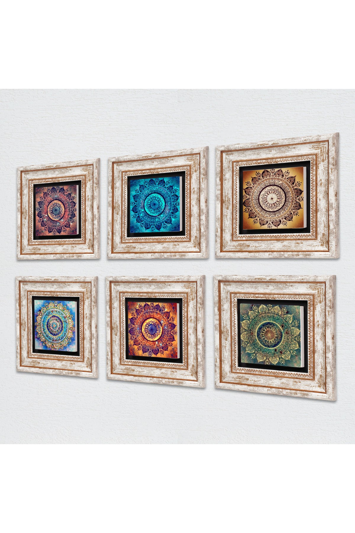 Mandala Taş Duvar Tablosu Çerçeveli Duvar Dekoru 6 Parça Tablo Seti Wall Art