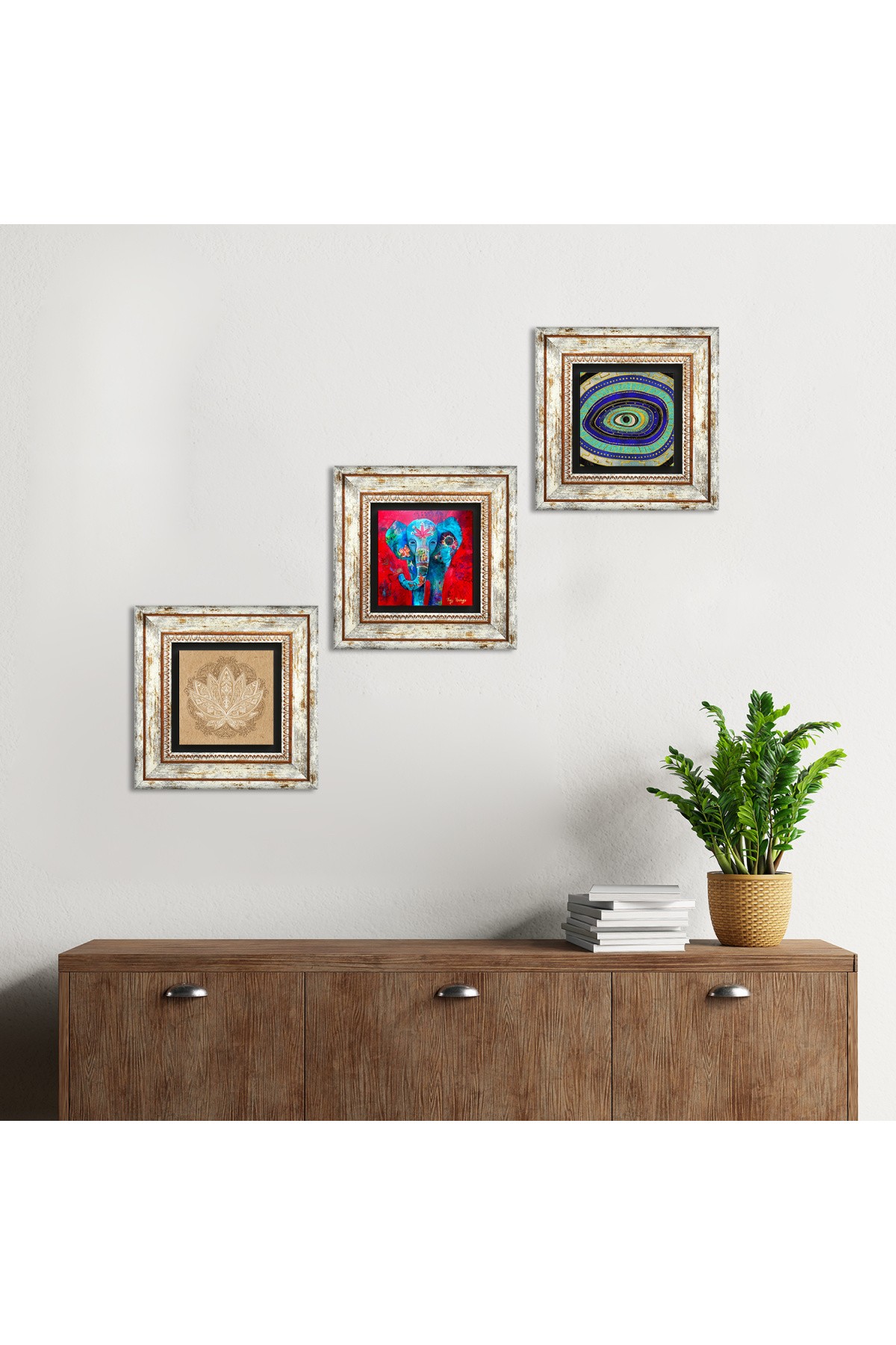 Fil, Nazar, Lotus Çiçeği Taş Duvar Tablosu Çerçeveli Duvar Dekoru 3 Parça Tablo Seti Wall Art