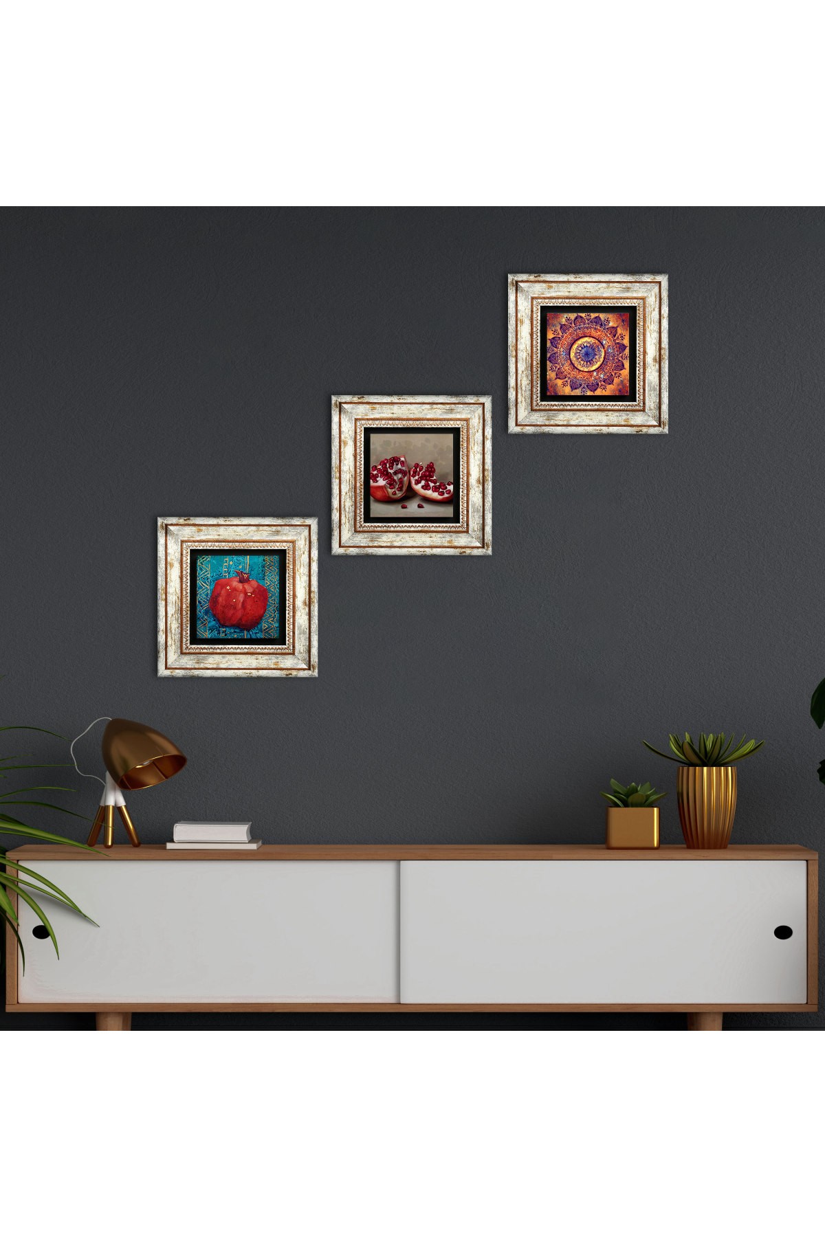 Mandala, Pomegranate Stone Wall Painting Framed Wall Decor 3 Piece Painting Set Wall Art