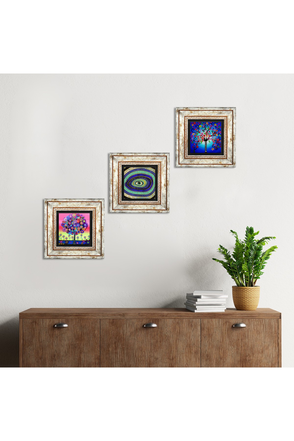 Evil Eye, Tree of Life Stone Wall Painting Framed Wall Decor 3 Piece Painting Set Wall Art