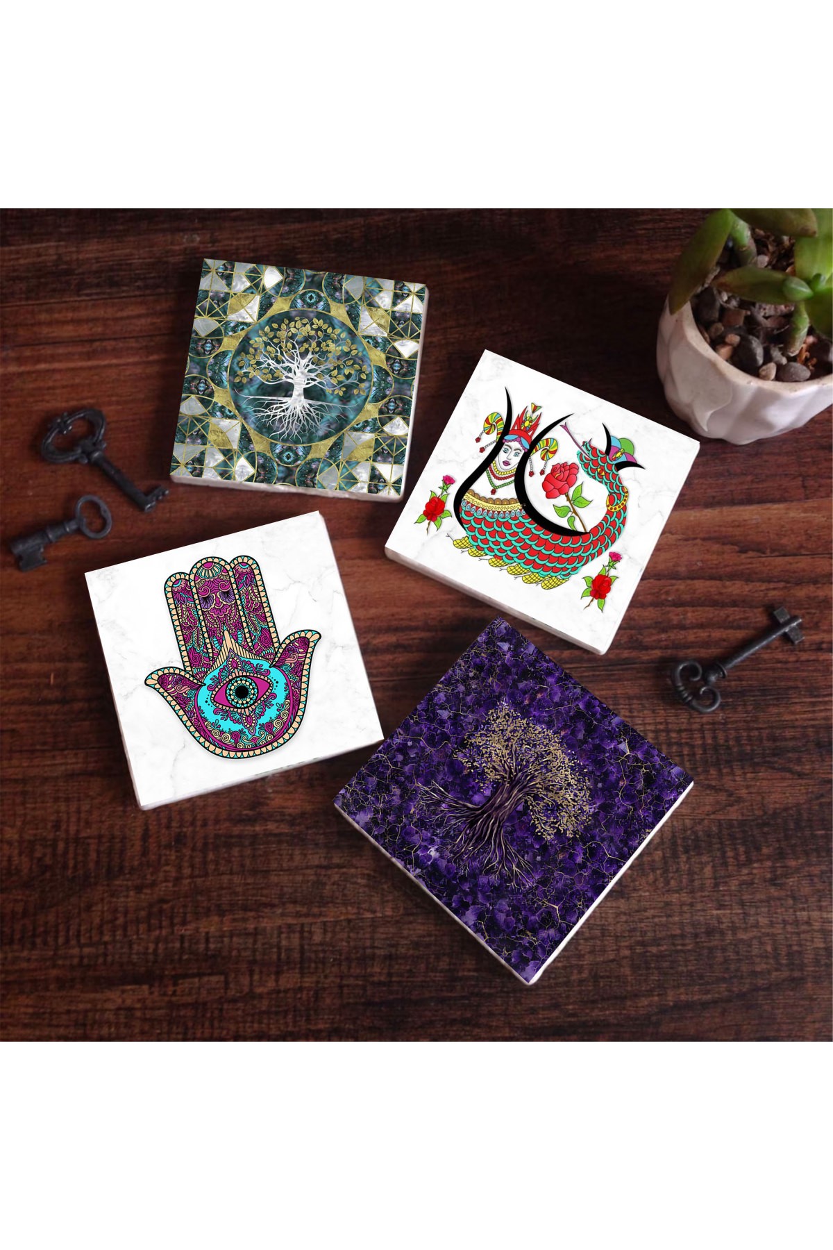 Tree of Life, Mother of Fatima Hand (Hamsa), Shahmeran Stone Coaster Desktop Protective Coaster 4 Piece Set 10x10cm Stone Coasters