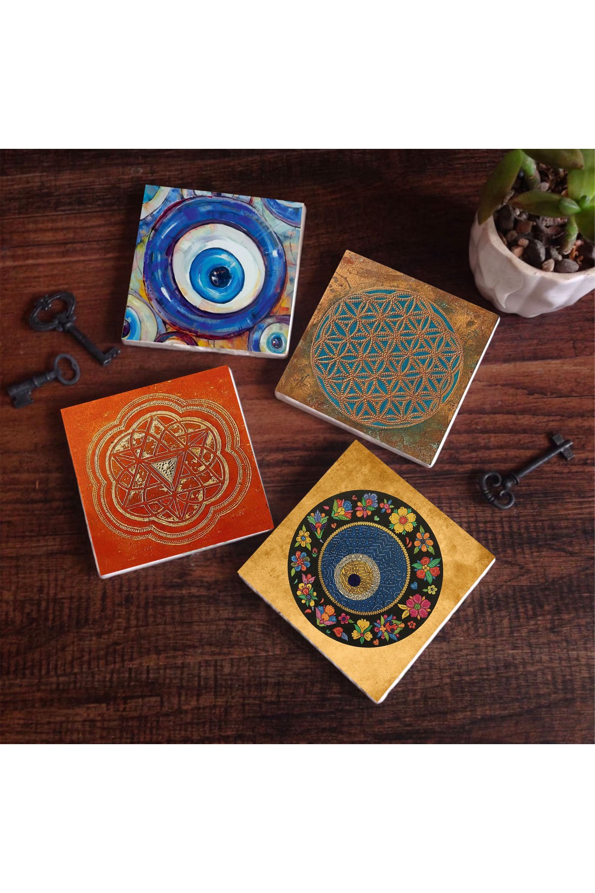 Nazar, Yaşam Çiçeği, Sri Yantra Taş Bardak Altlığı Masaüstü Koruyucu Altlık 4 Parça Set 10x10cm Stone Coasters