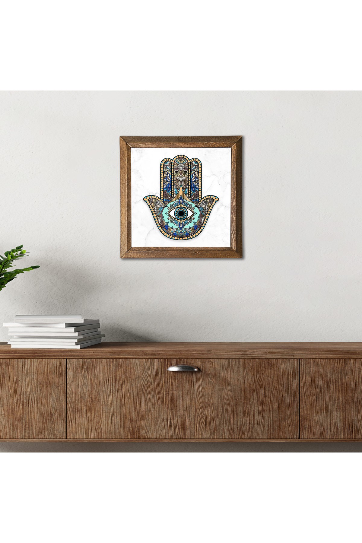 Fatma Ana Eli (Hamsa) Taş Duvar Tablosu Ahşap Çerçeveli Duvar Dekoru Wall Art 25x25cm