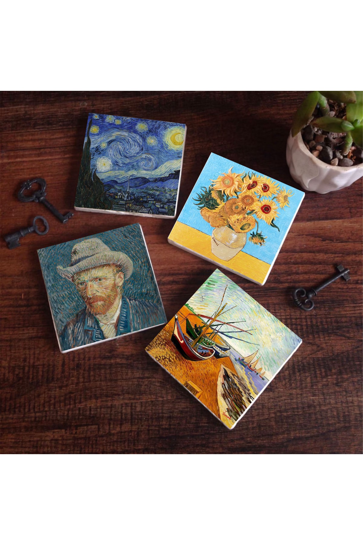 Van Gogh Balıkçı Tekneleri, On İki Ayçiçekli Vazo, Yıldızlı Gece, Otoportre Taş Bardak Altlığı Masaüstü Koruyucu Altlık 4 Parça Set 10x10cm Stone Coasters