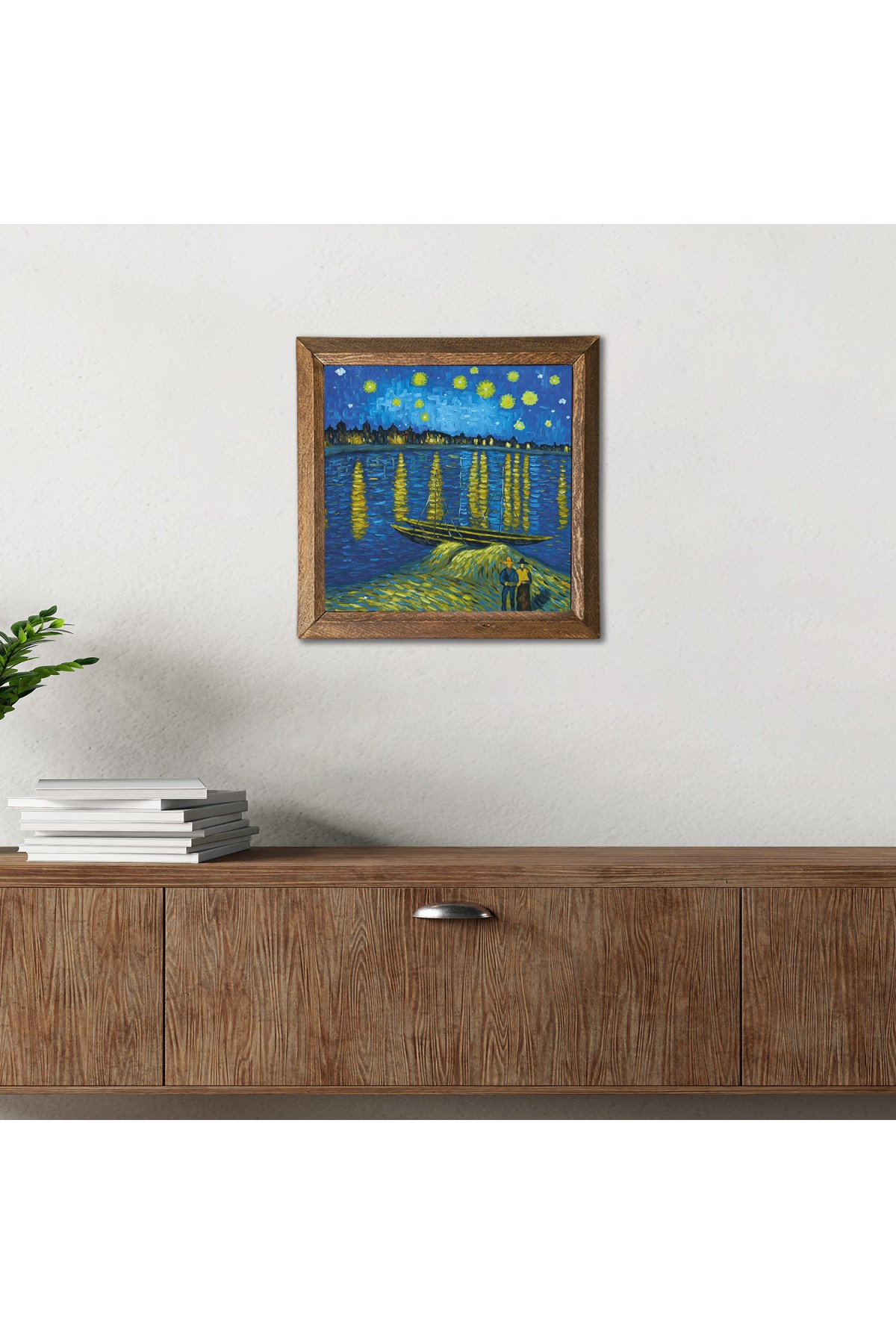 Vincent van Gogh Ren Nehri’nde Yıldızlı Bir Gece Taş Duvar Tablosu Ahşap Çerçeveli Duvar Dekoru Wall Art 25x25cm