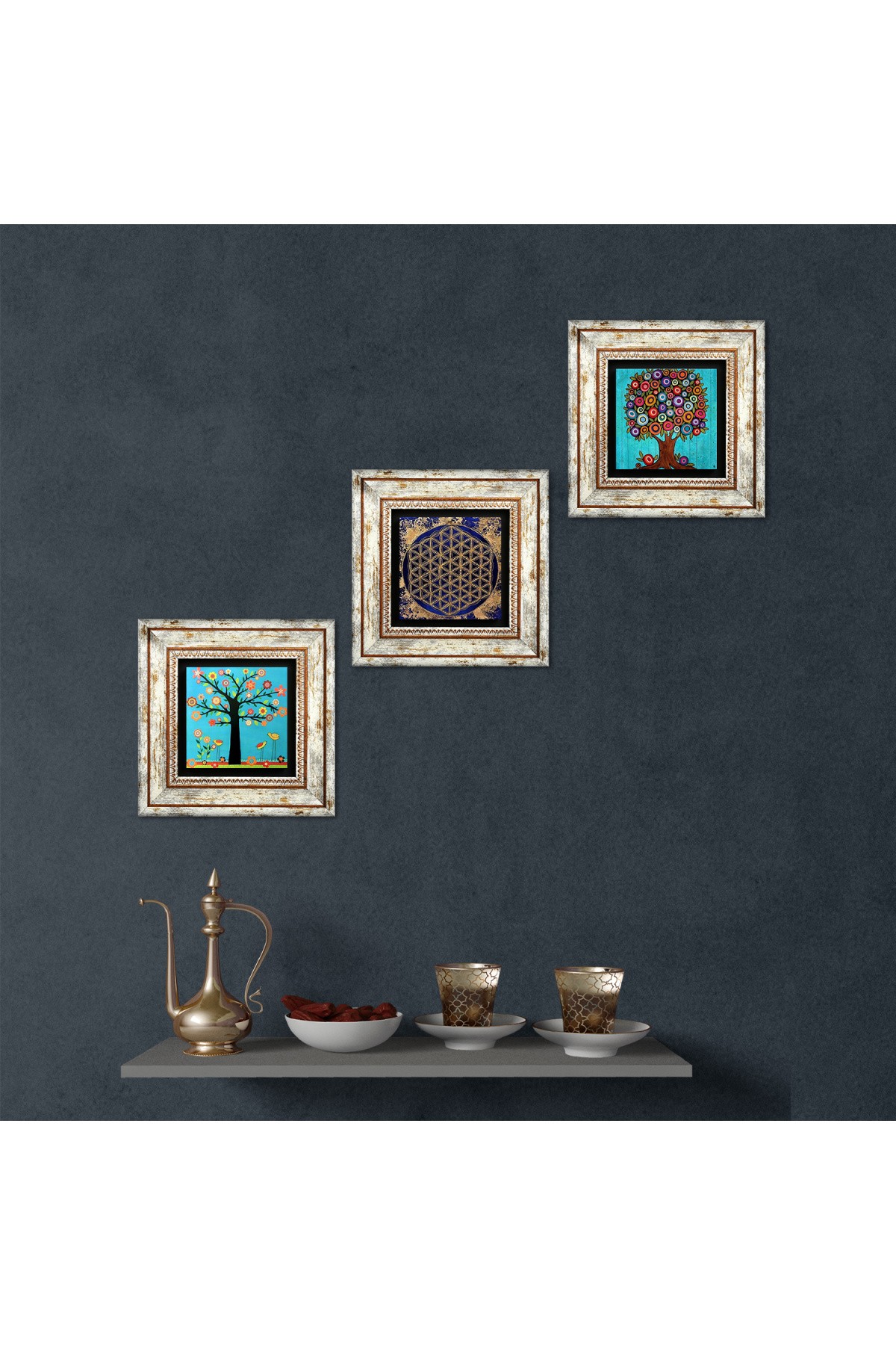 Flower of Life, Karla Gerard Tree of Life Stone Wall Painting Framed Wall Decor 3 Piece Painting Set Wall Art