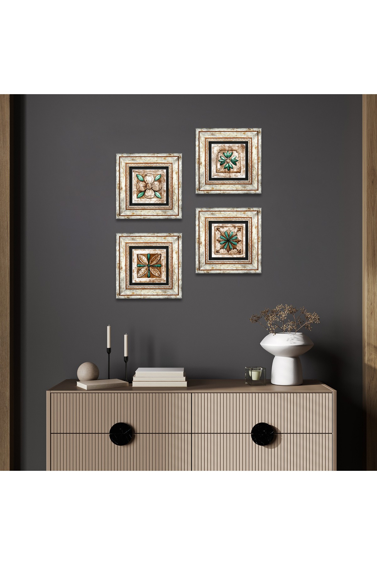 Fas Desenli Vintage Taş Duvar Tablosu Çerçeveli Duvar Dekoru 4 Parça Tablo Seti Wall Art