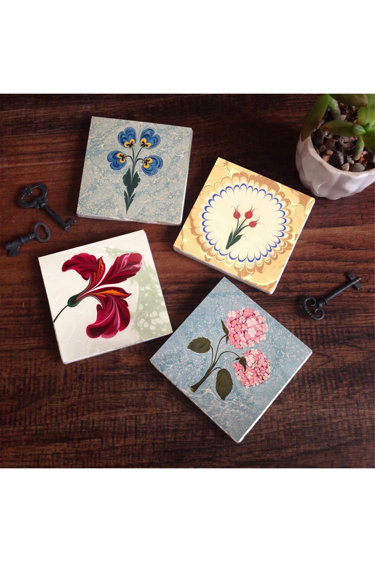 Ebru Sanatı, Pembe Ortanca Çiçeği, Lale Taş Bardak Altlığı Masaüstü Koruyucu Altlık 4 Parça Set 10x10cm Stone Coasters