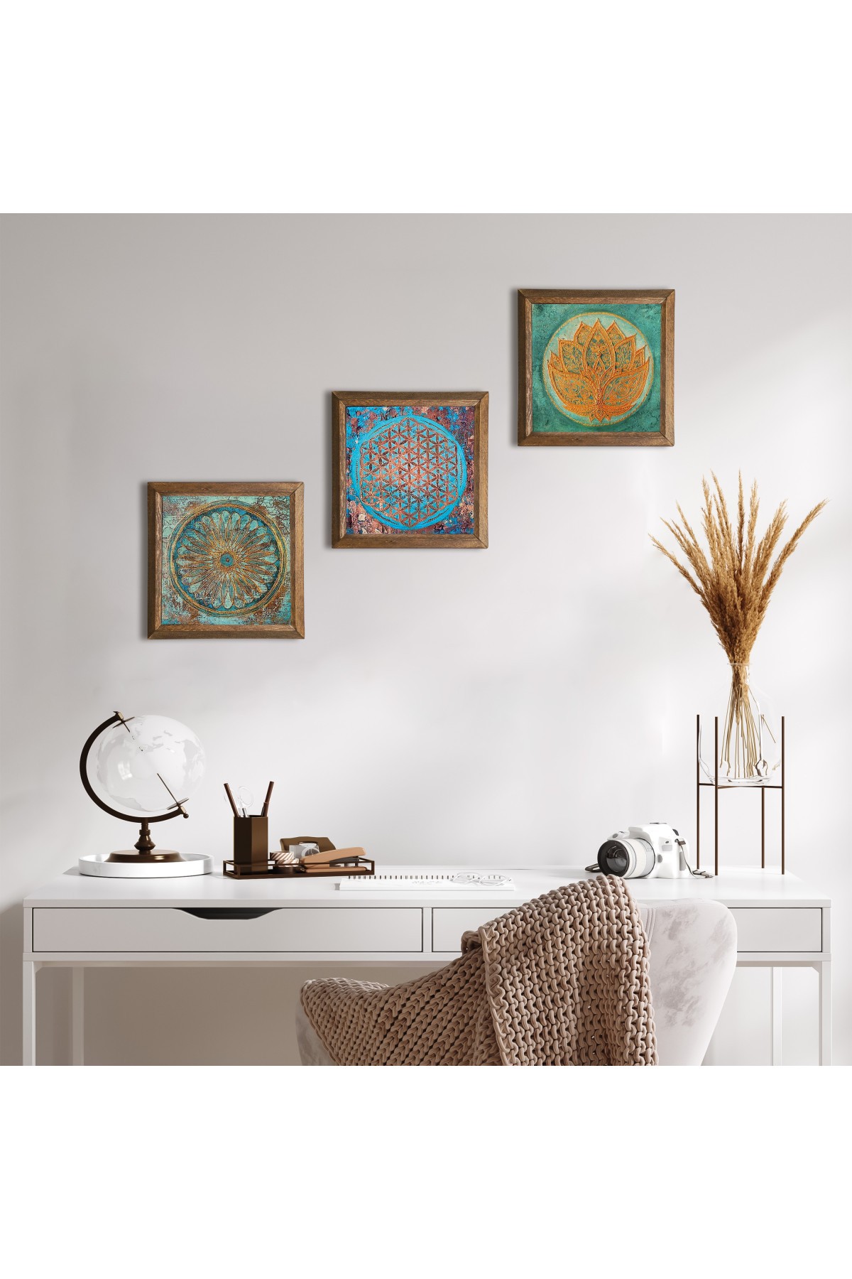 Lotus Flower, Flower of Life Stone Wall Painting Wooden Framed Wall Decor 3 Piece Painting Set Wall Art