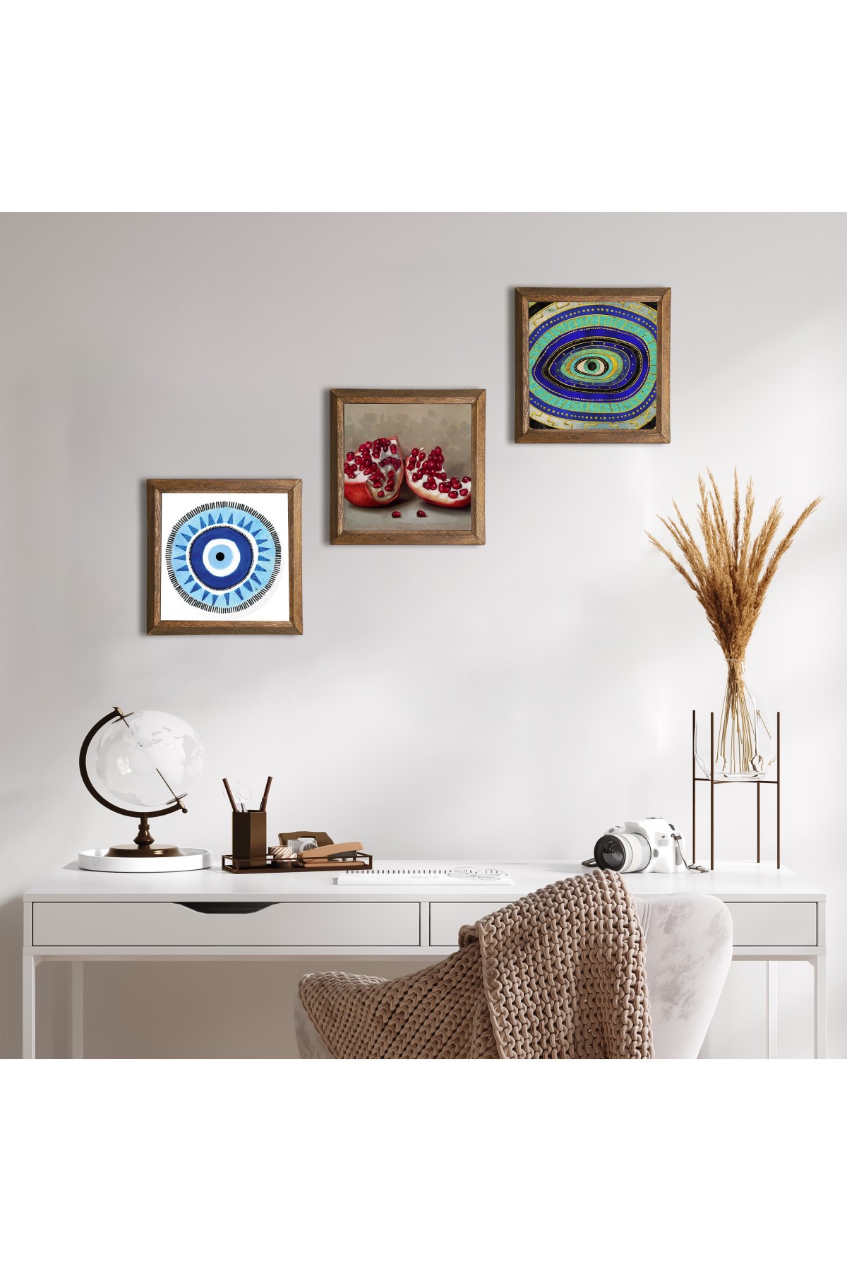 Evil Eye, Pomegranate Stone Wall Painting Wooden Framed Wall Decor 3 Piece Painting Set Wall Art