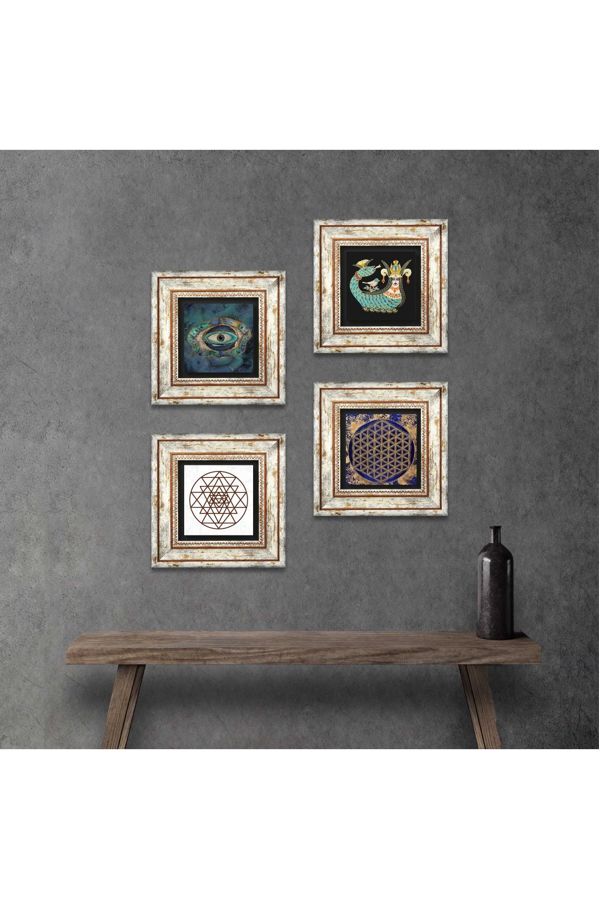 Nazar, Sri Yantra, Yaşam Çiçeği, Şahmeran Taş Duvar Tablosu Çerçeveli Duvar Dekoru 4 Parça Tablo Seti Wall Art