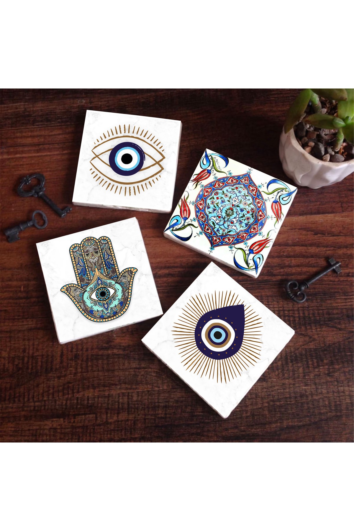 Nazar, Çini Sanatı, Fatma Ana Eli (Hamsa) Taş Bardak Altlığı Masaüstü Koruyucu Altlık 4 Parça Set 10x10cm Stone Coasters