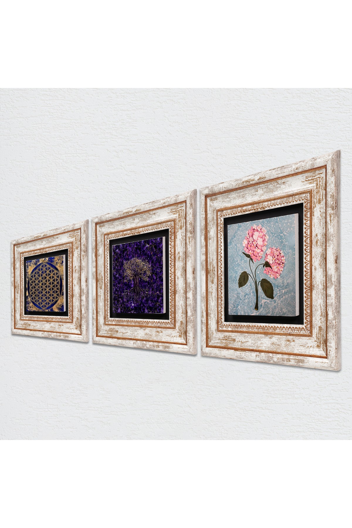 Tree of Life, Flower of Life, Pink Hydrangea Flower Stone Wall Painting Framed Wall Decor 3 Piece Painting Set Wall Art