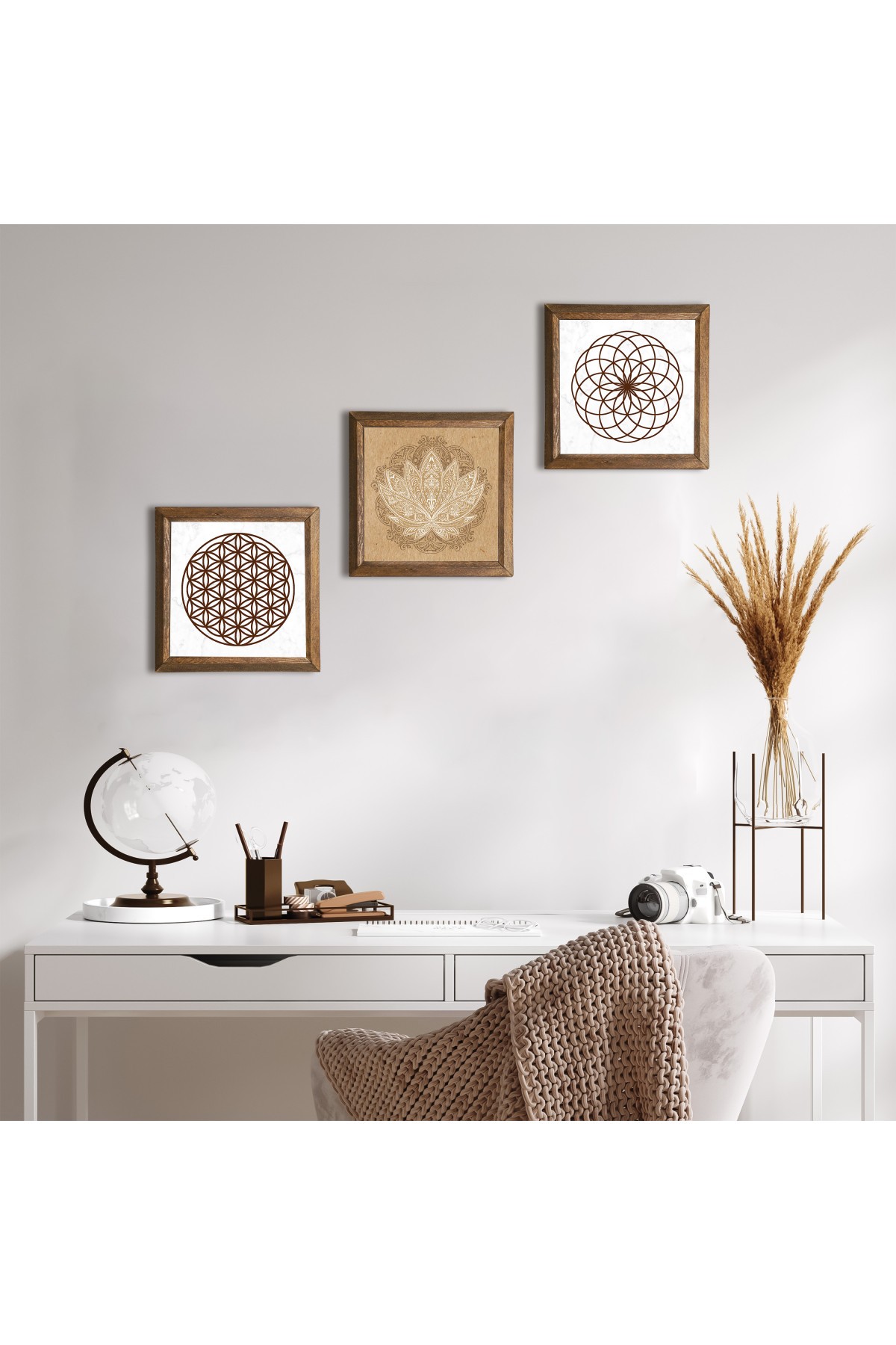 Lotus Flower, Flower of Life Stone Wall Painting Wooden Framed Wall Decor 3 Piece Painting Set Wall Art