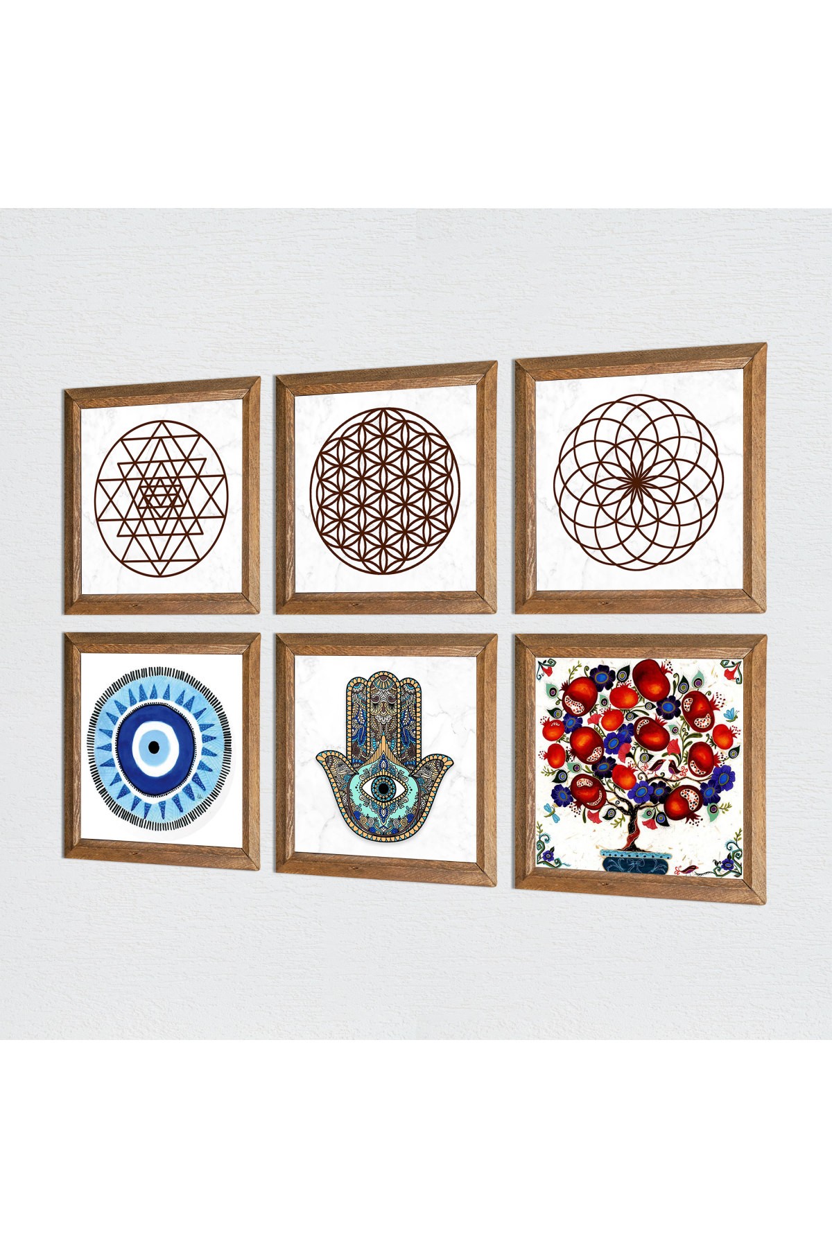 Nazar, Yaşam Çiçeği, Sri Yantra, Nar Ağacı, Fatma Ana Eli (Hamsa) Taş Duvar Tablosu Ahşap Çerçeveli Duvar Dekoru 6 Parça Tablo Seti Wall Art