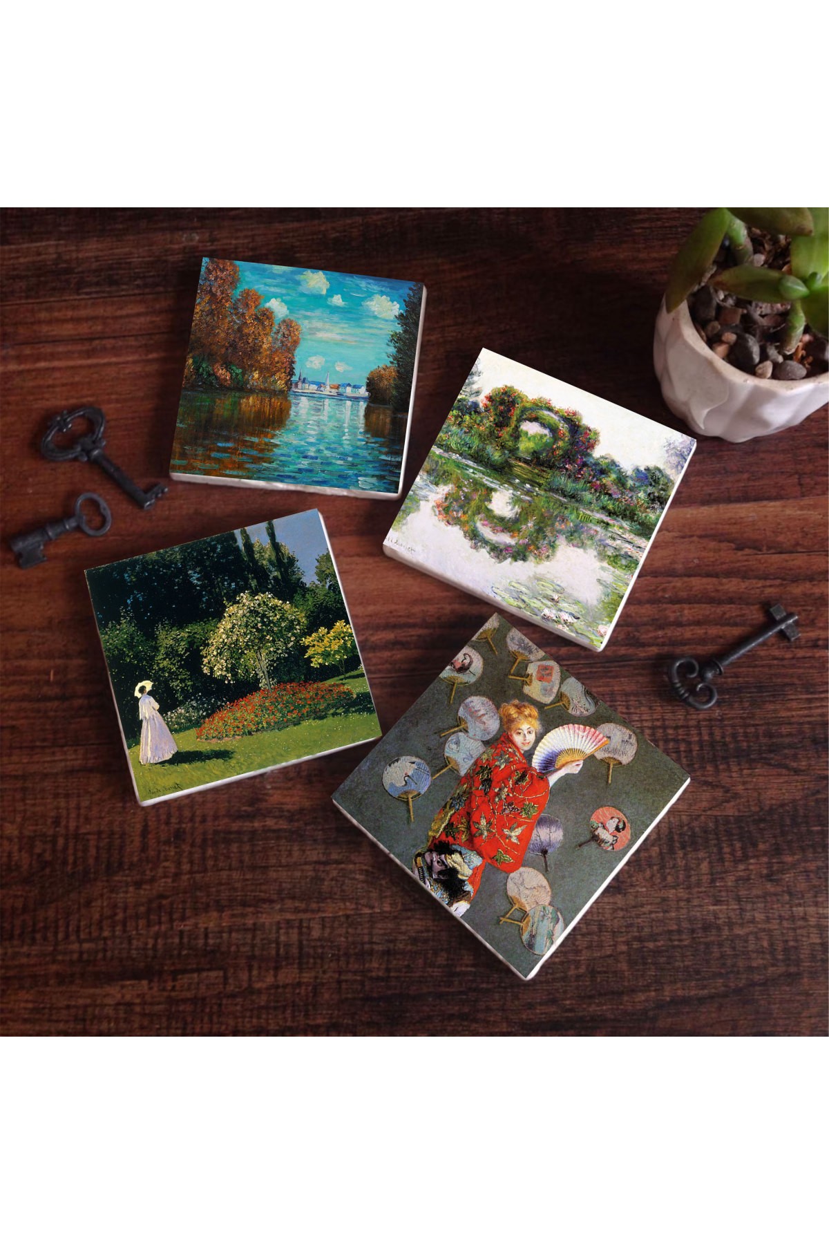 Claude Monet Sonbahar, Japon Kostümü, Gül Çiçekli Kemer, Bahçedeki Kadın Taş Bardak Altlığı Masaüstü Koruyucu Altlık 4 Parça Set 10x10cm Stone Coasters