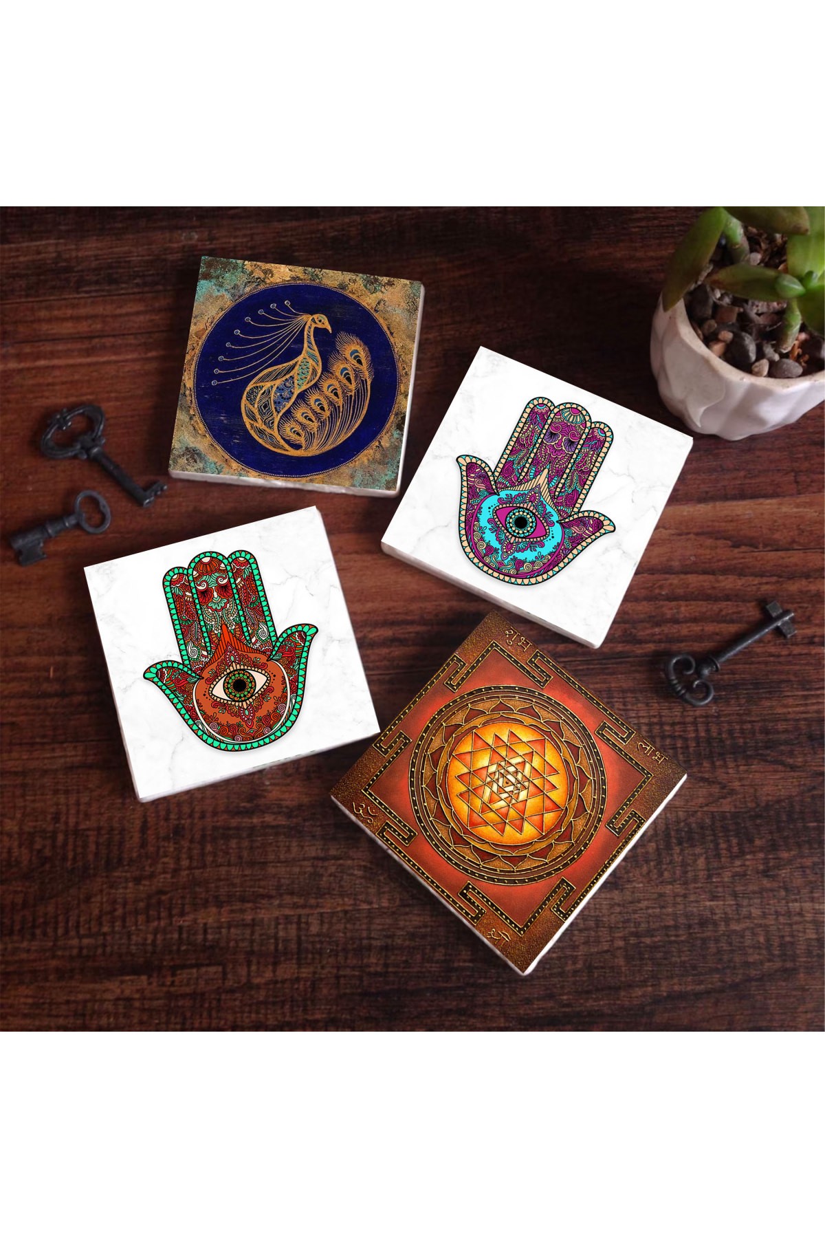 Peacock, Sri Yantra, Hand of Fatma (Hamsa) Stone Coasters Desktop Protective Coasters 4 Piece Set 10x10cm Stone Coasters