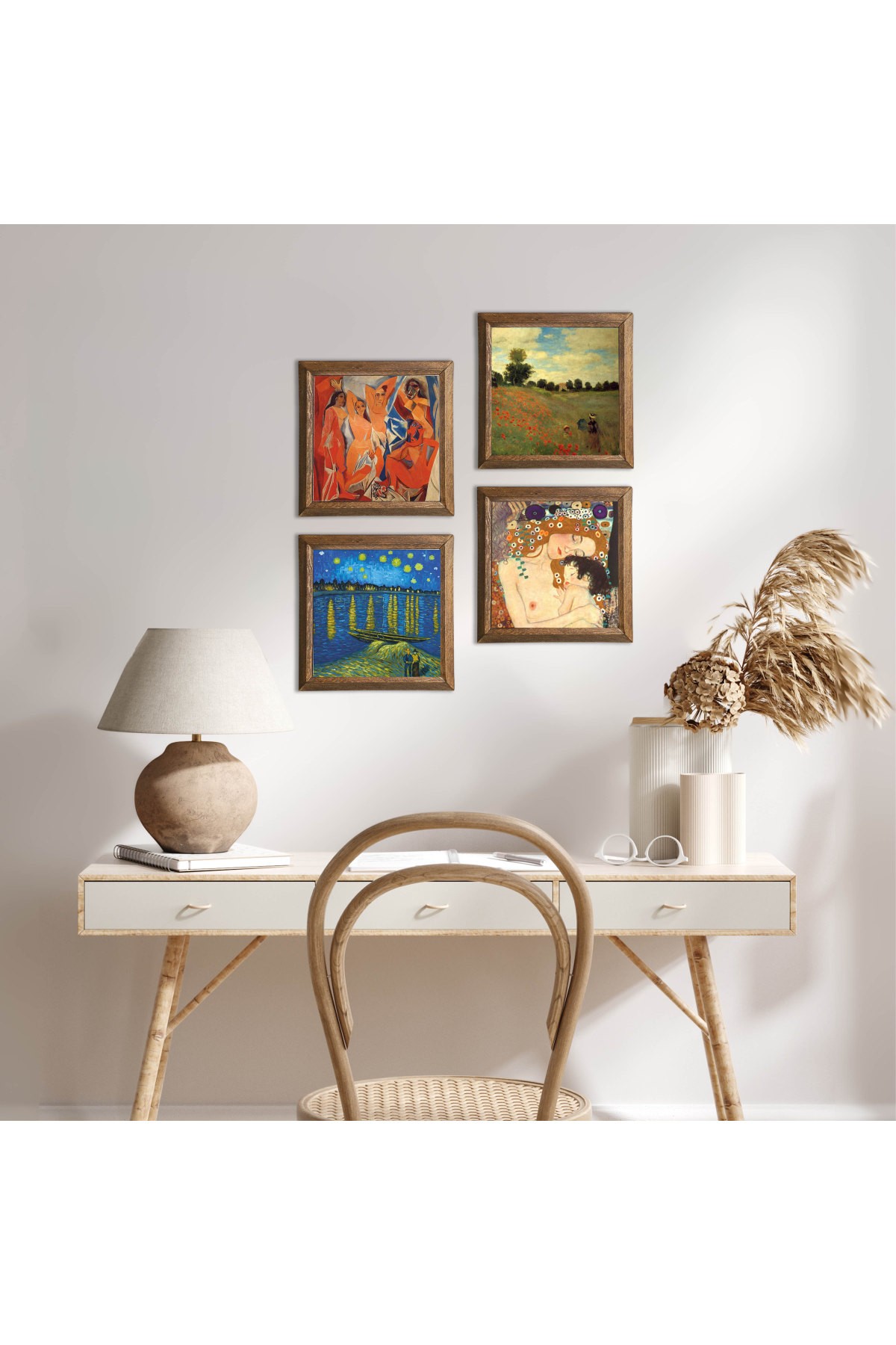 Picasso, Van Gogh, Claude Monet, Gustav Klimt Stone Wall Painting Wood Framed Wall Decor 4 Piece Painting Set Wall Art