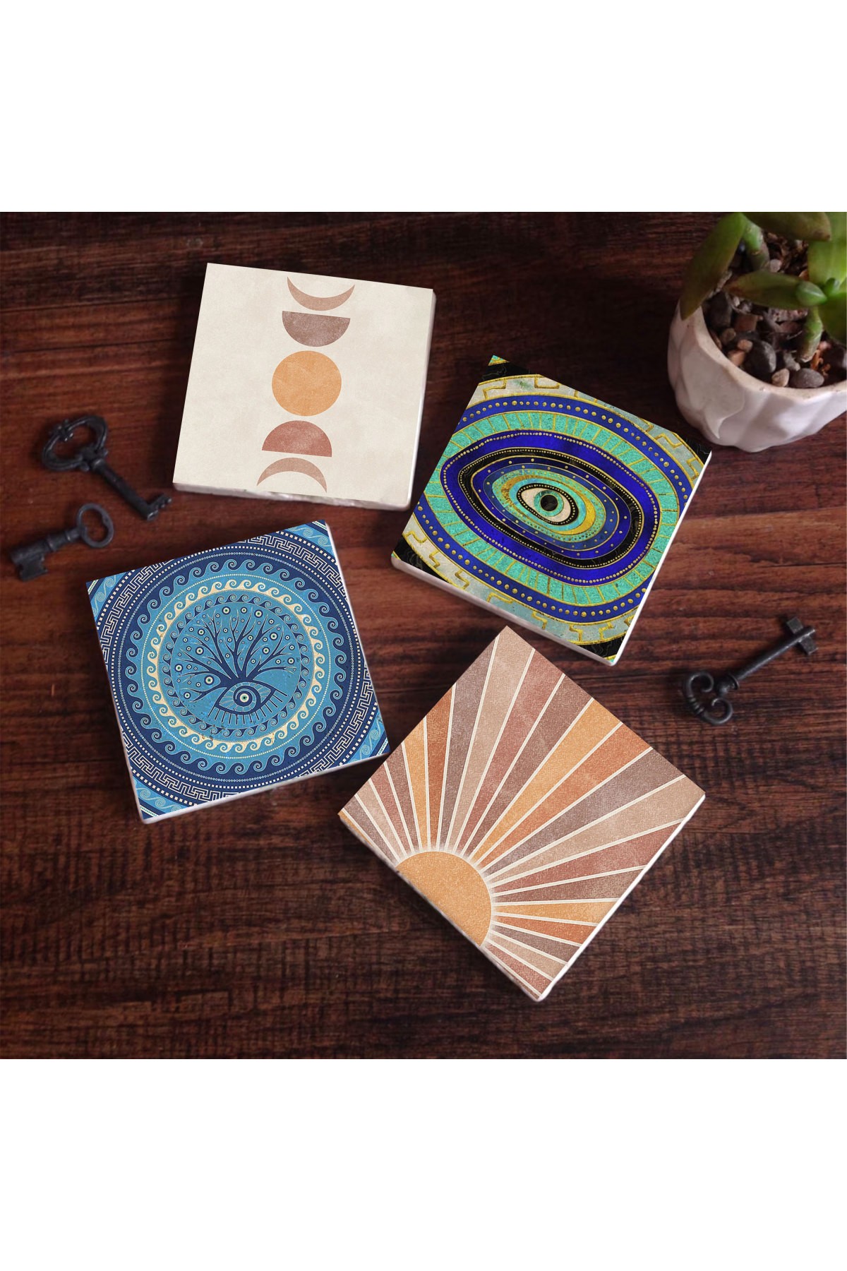 Minimalist Abstract, Evil Eye Stone Coasters Desktop Protective Coasters 4 Piece Set 10x10cm Stone Coasters