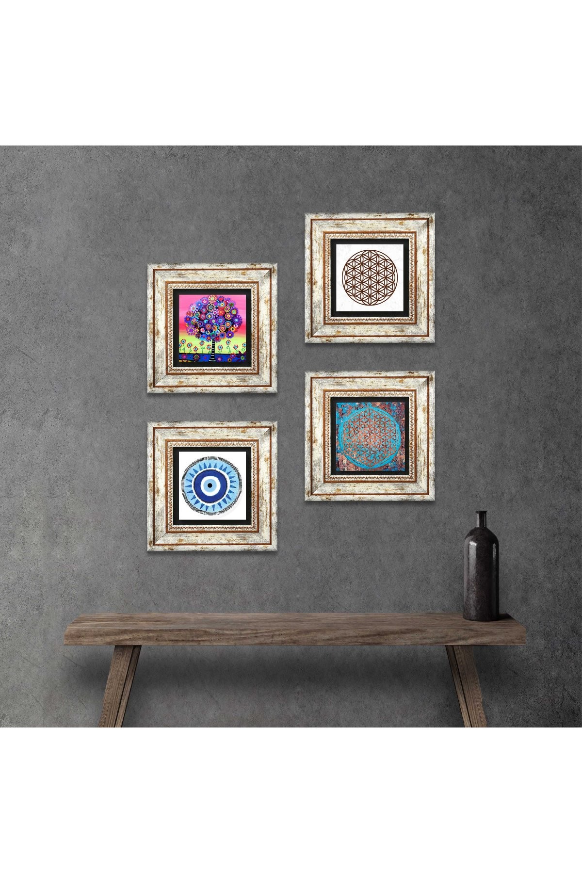 Evil Eye, Flower of Life, Tree of Life Stone Wall Painting Framed Wall Decor 4 Piece Painting Set Wall Art