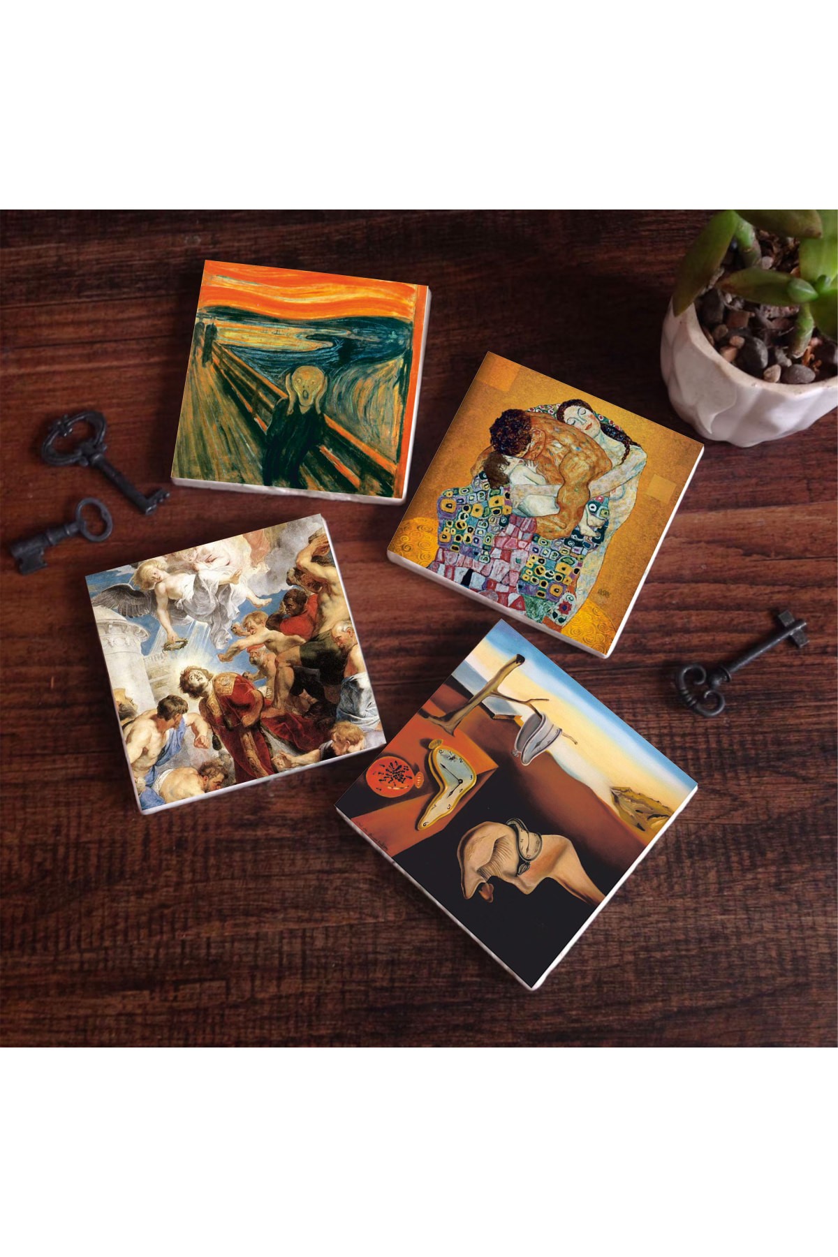 Dalí The Persistence of Memory, The Scream, Gustav Klimt Family Embrace, St. Stephen Trilogy Stone Coasters Desktop Protective Coaster 4 Piece Set 10x10cm Stone Coasters