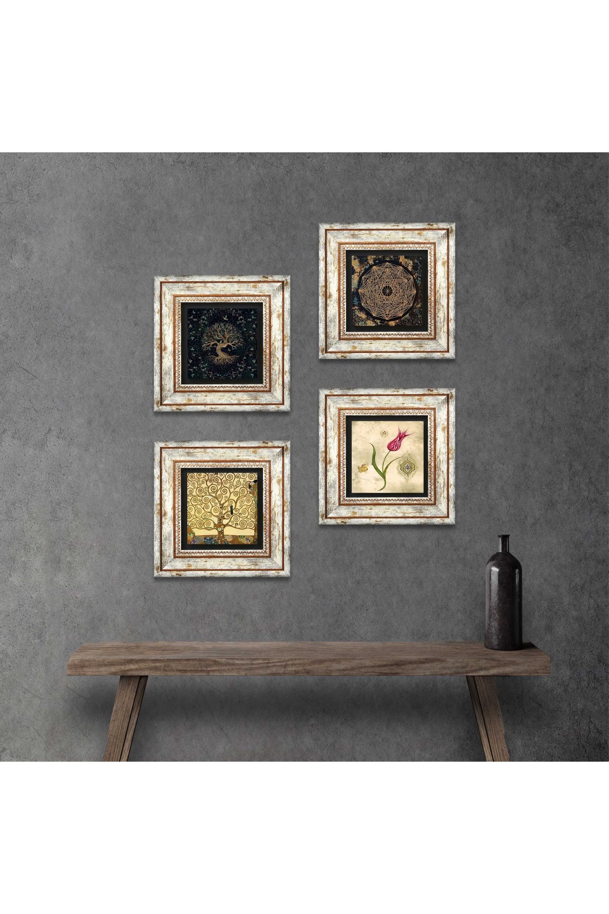 Sri Yantra, Tree of Life, Tulip, Gustav Klimt Tree of Life Stone Wall Painting Framed Wall Decor 4 Piece Painting Set Wall Art