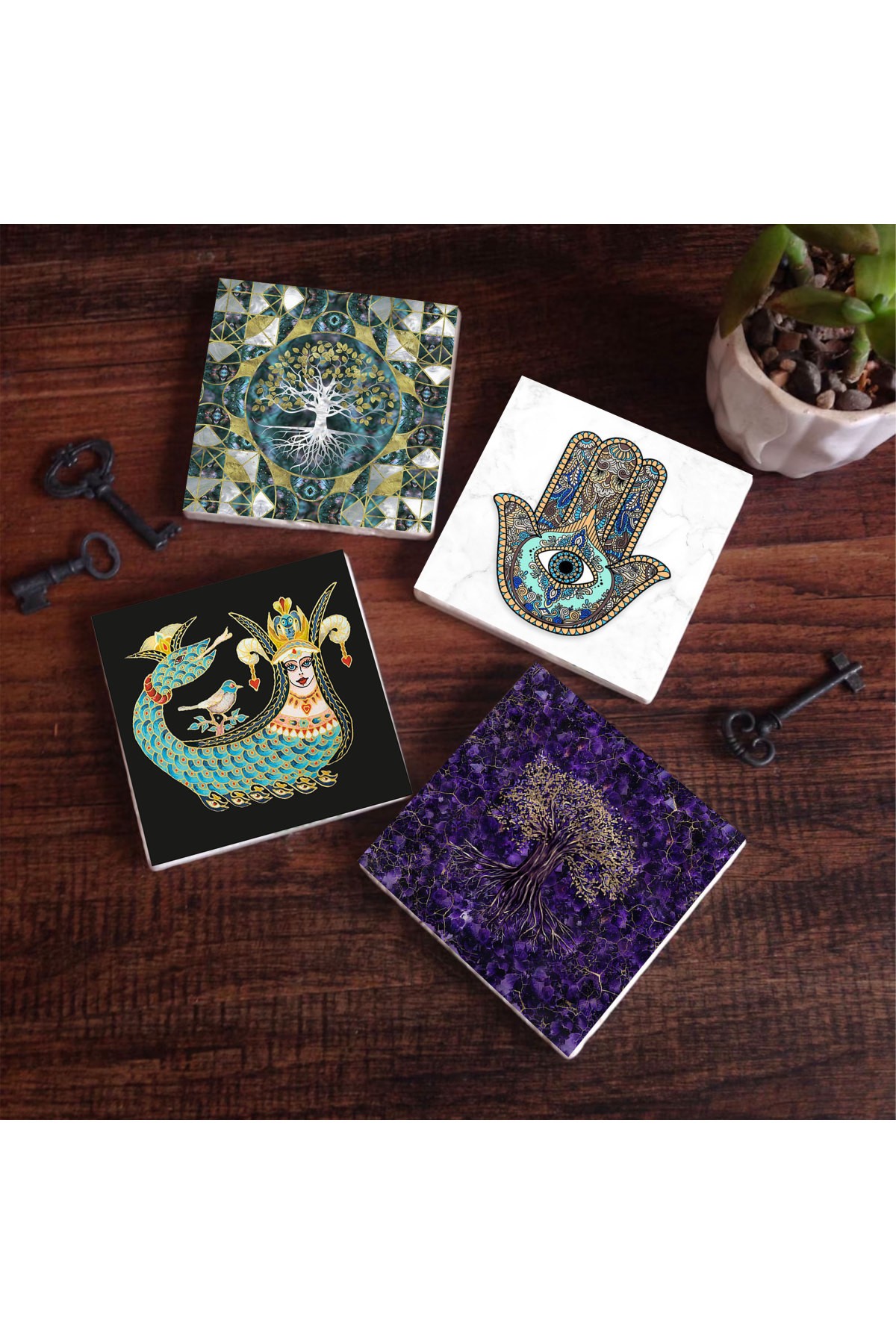 Tree of Life, Shahmaran, Hand of Mother Fatima (Hamsa) Stone Coasters Desktop Protective Coasters 4 Piece Set 10x10cm Stone Coasters