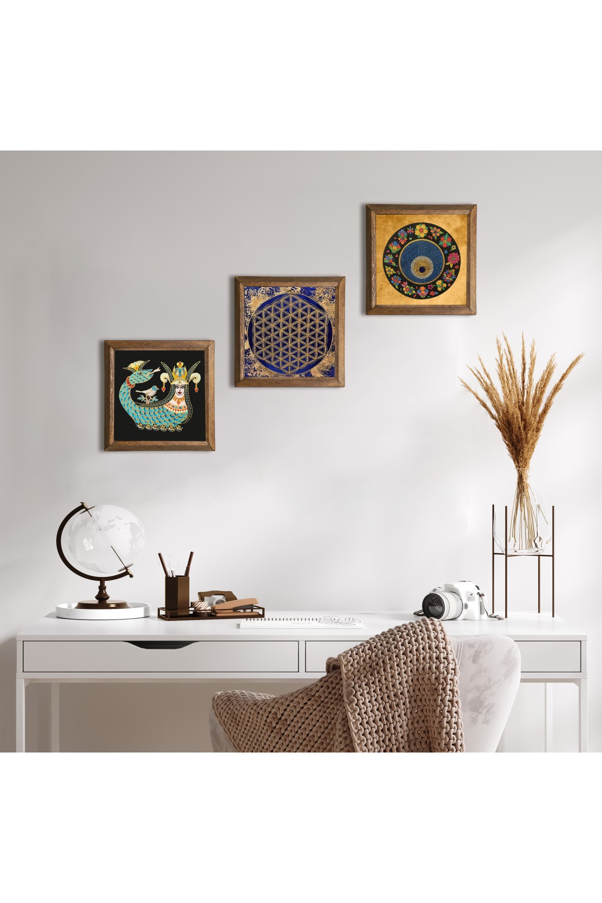 Flower of Life, Evil Eye Bead, Shahmaran Stone Wall Painting Wooden Framed Wall Decor 3 Piece Painting Set Wall Art