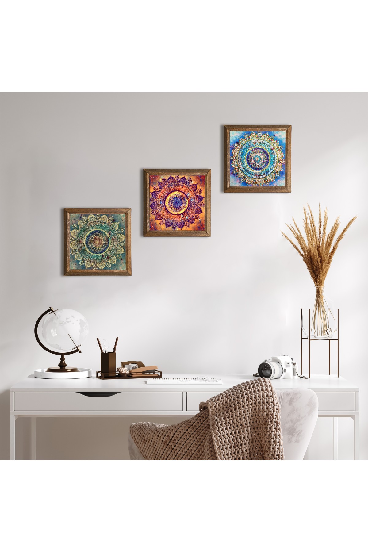 Mandala Taş Duvar Tablosu Ahşap Çerçeveli Duvar Dekoru 3 Parça Tablo Seti Wall Art