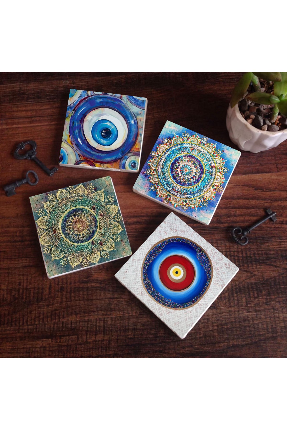 Evil Eye, Mandala Stone Coasters Desktop Protective Coasters 4 Piece Set 10x10cm Stone Coasters