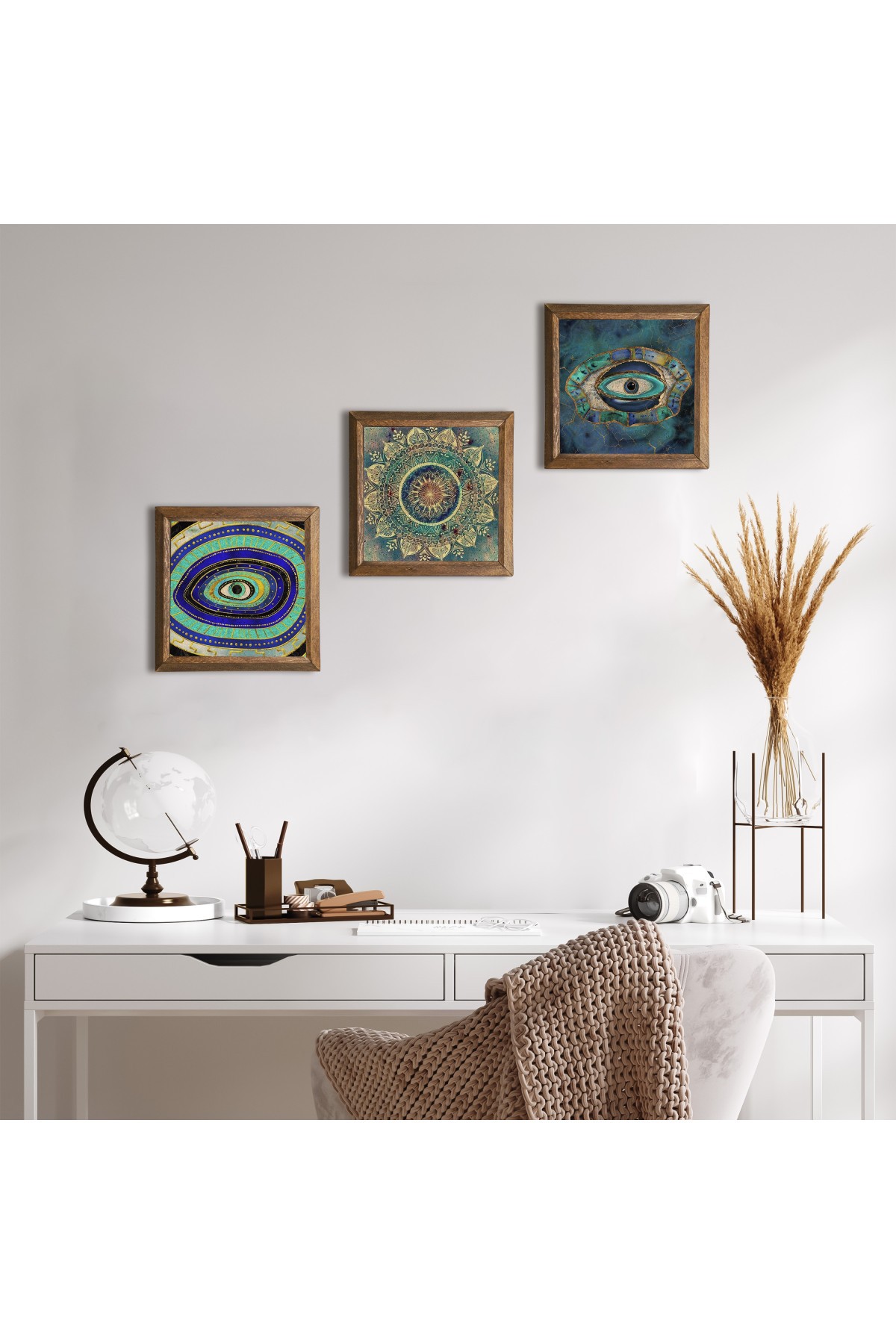 Mandala, Nazar Taş Duvar Tablosu Ahşap Çerçeveli Duvar Dekoru 3 Parça Tablo Seti Wall Art