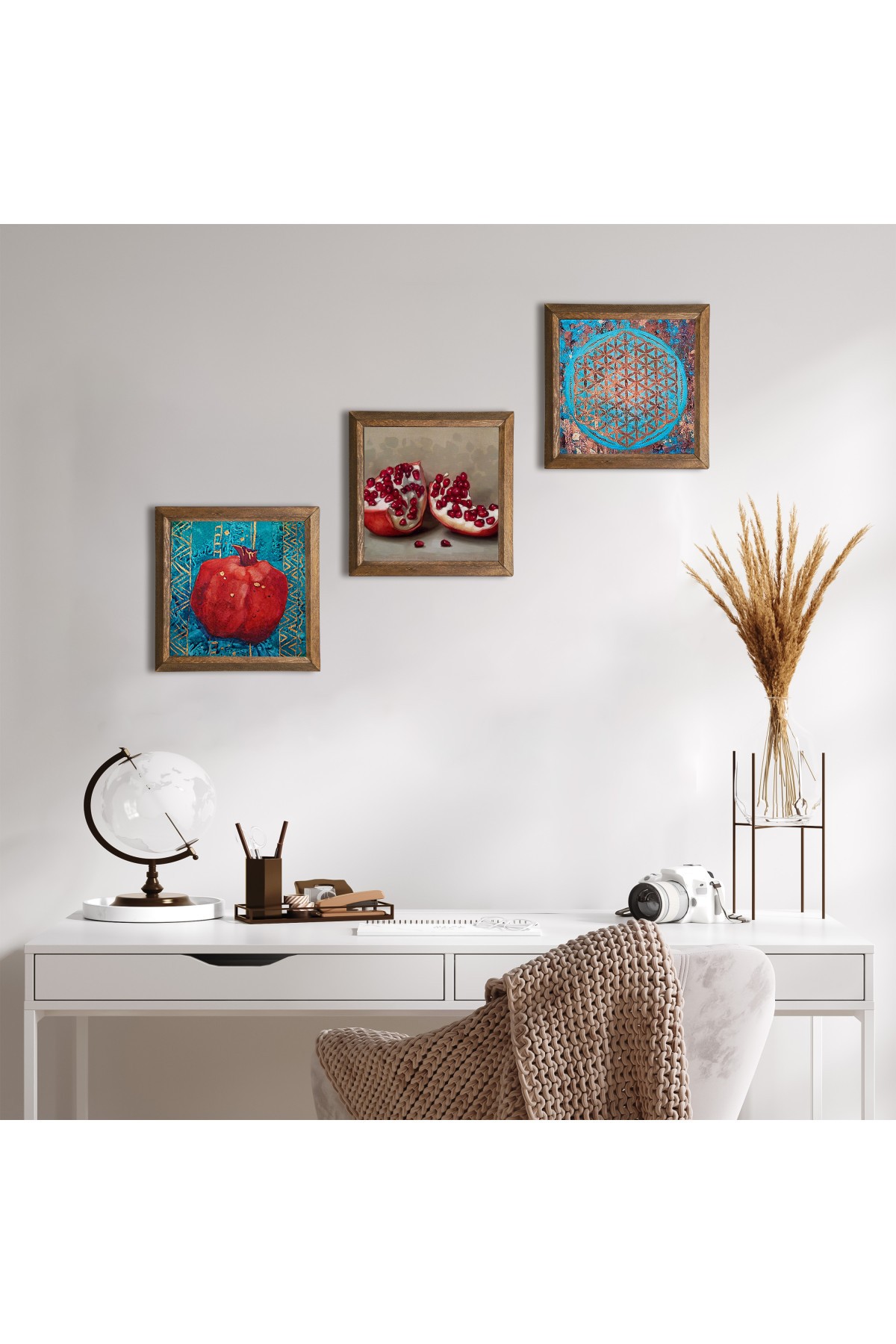 Yaşam Çiçeği, Nar Taş Duvar Tablosu Ahşap Çerçeveli Duvar Dekoru 3 Parça Tablo Seti Wall Art